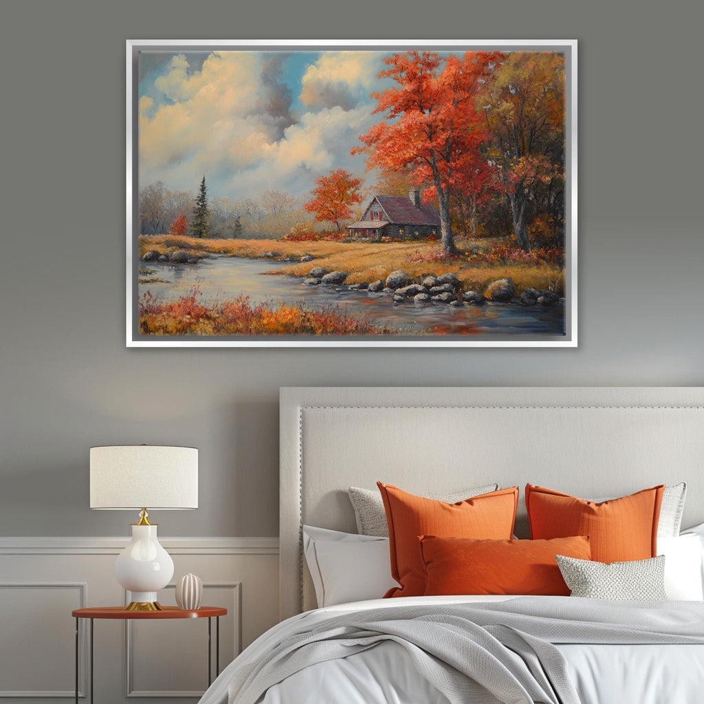 Fall Scene Wall Art – Extra Large Framed Canvas Print | Rustic Farmhouse Decor