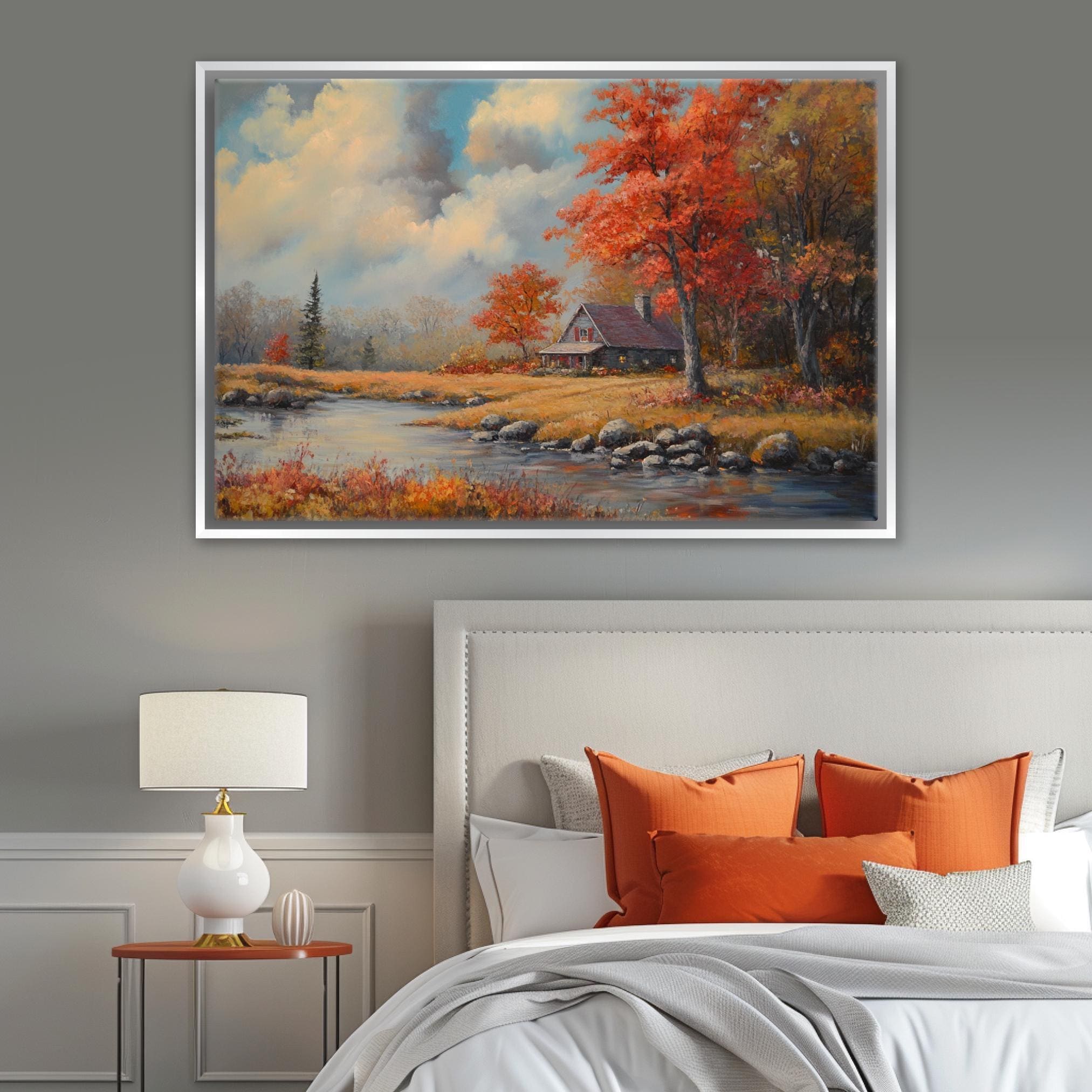 Fall Scene Wall Art – Extra Large Framed Canvas Print | Rustic Farmhouse Decor