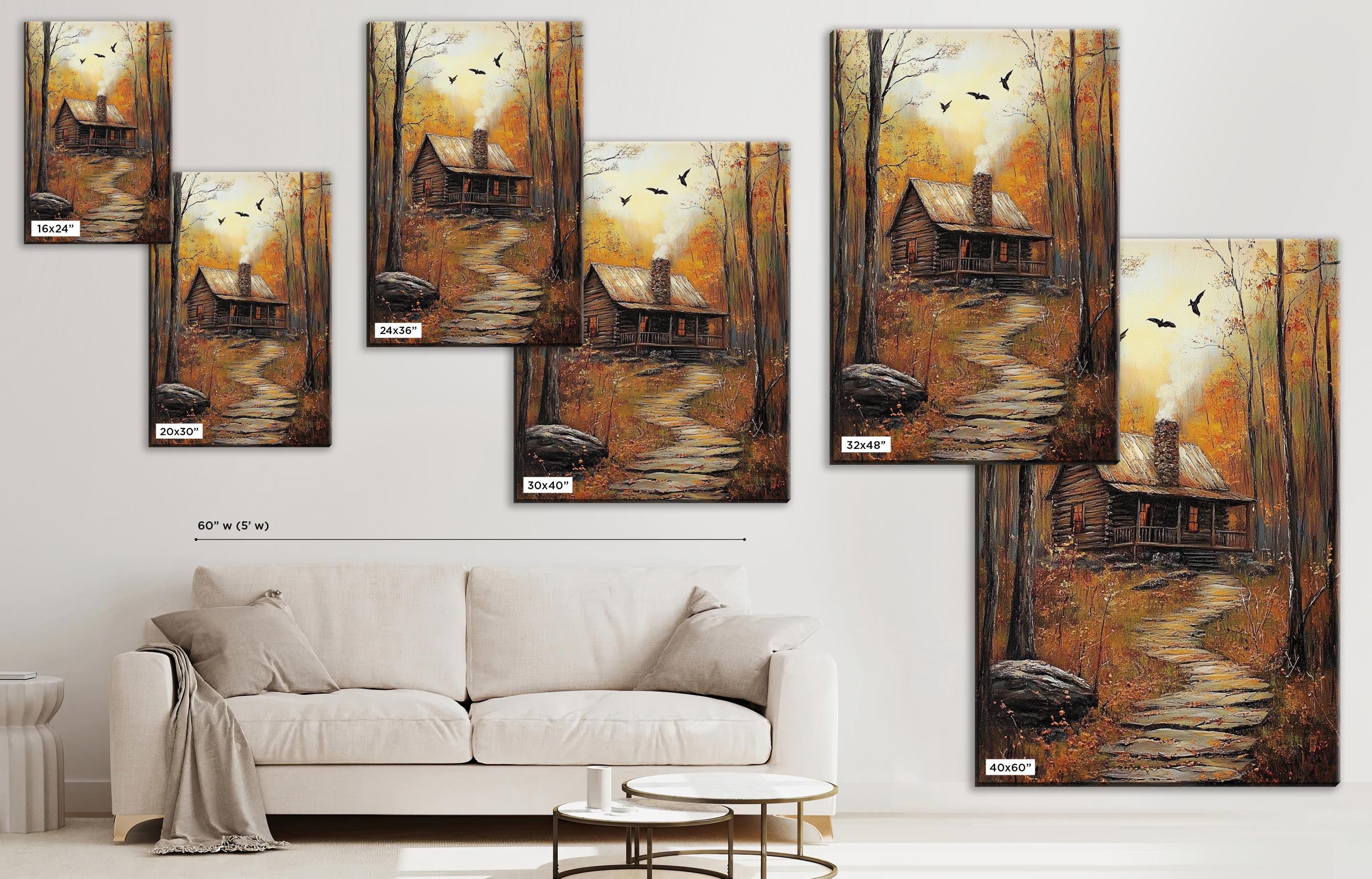 The image is a collage of multiple paintings depicting a cabin in a forest setting, with a path leading to the cabin and birds flying overhead.