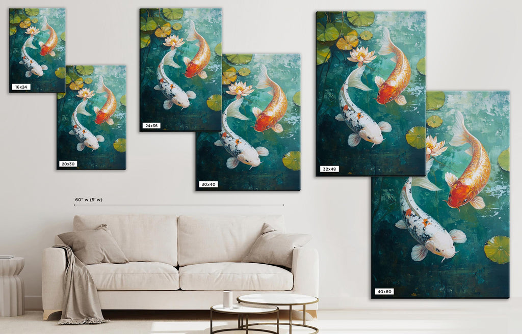 a living room with a couch and paintings on the wall