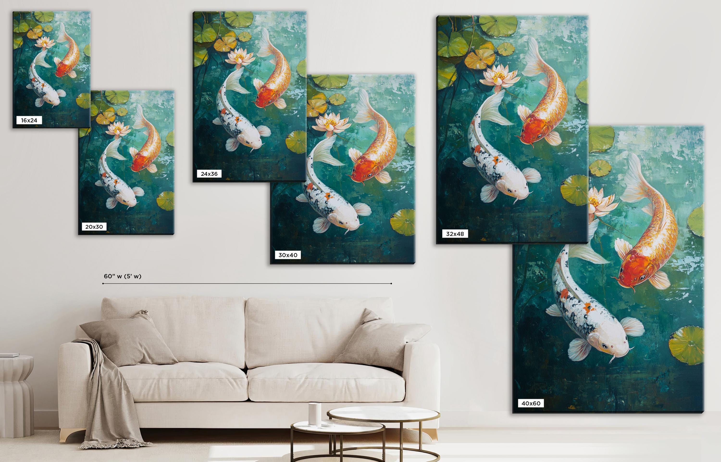 a living room with a couch and paintings on the wall