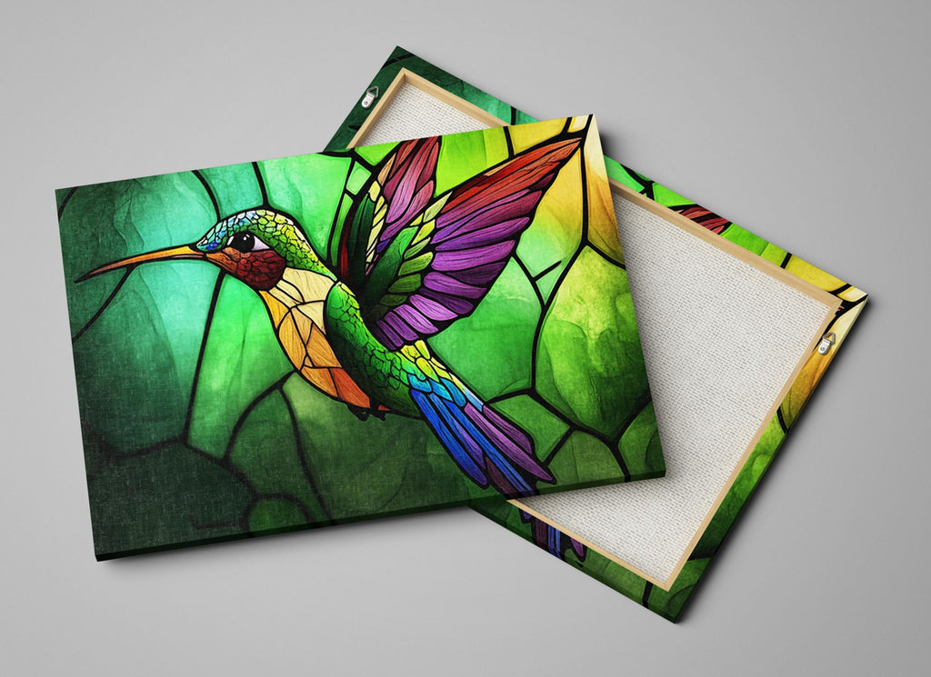 a stained glass picture of a hummingbird