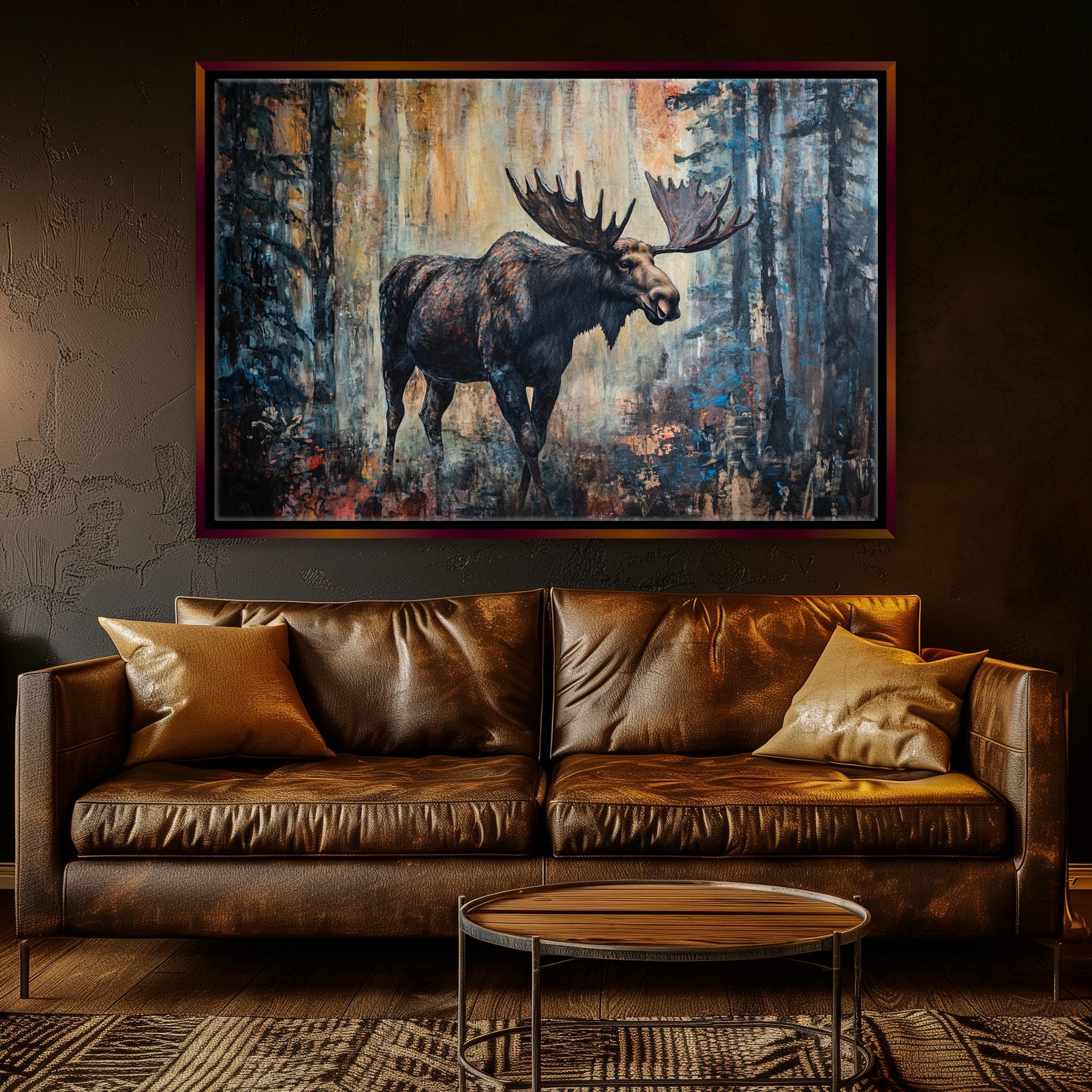 a painting of a moose standing in a forest