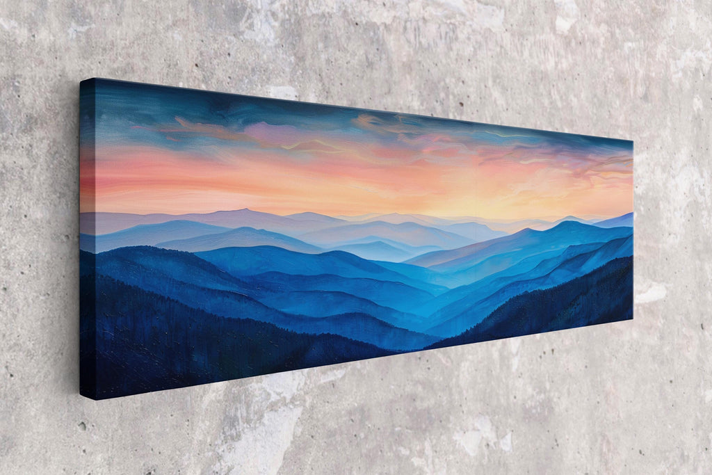 A painting of a mountain range with a vibrant sunset sky in the background.