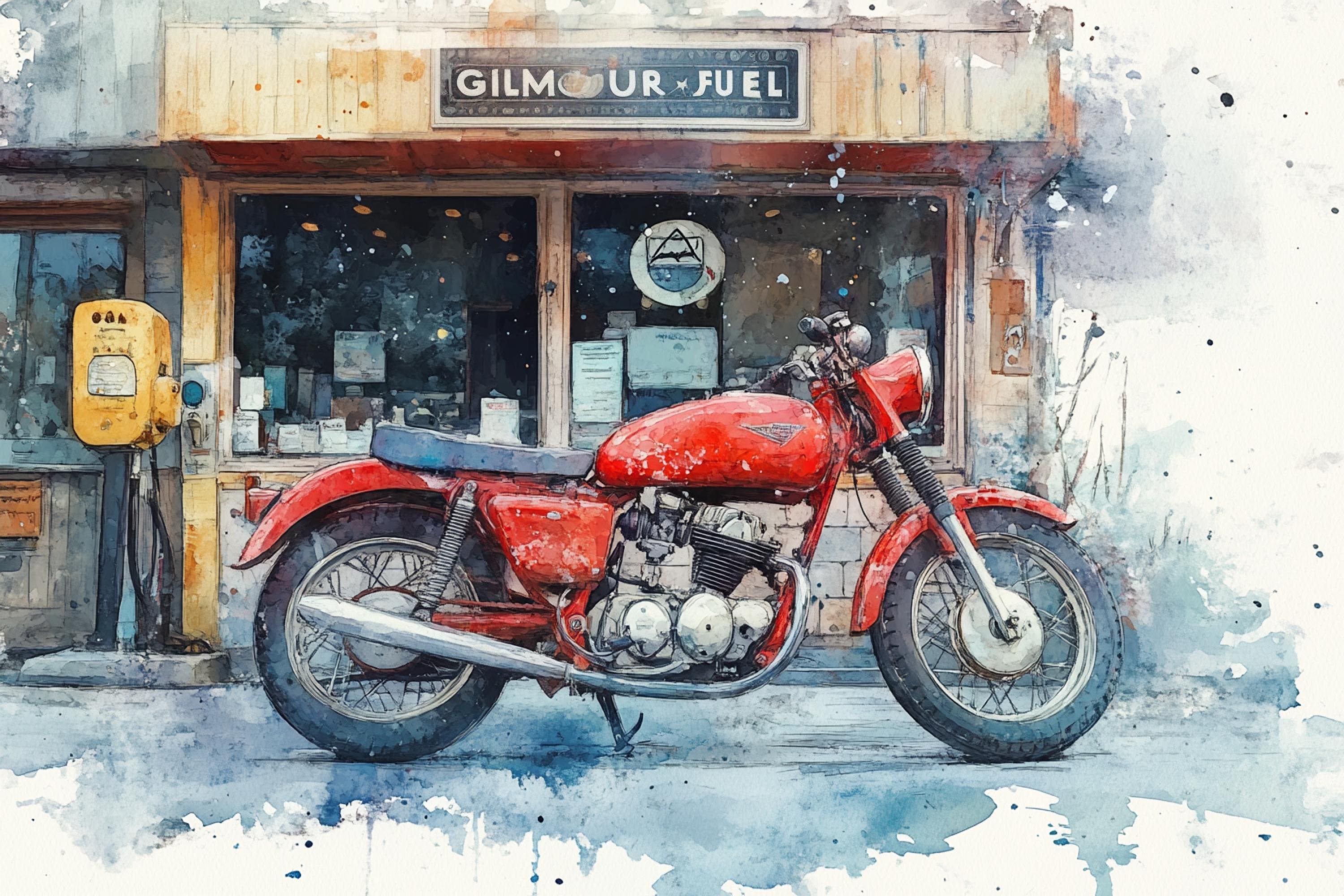 A red motorcycle is parked in front of a gas station named "GILMOUR FUEL".