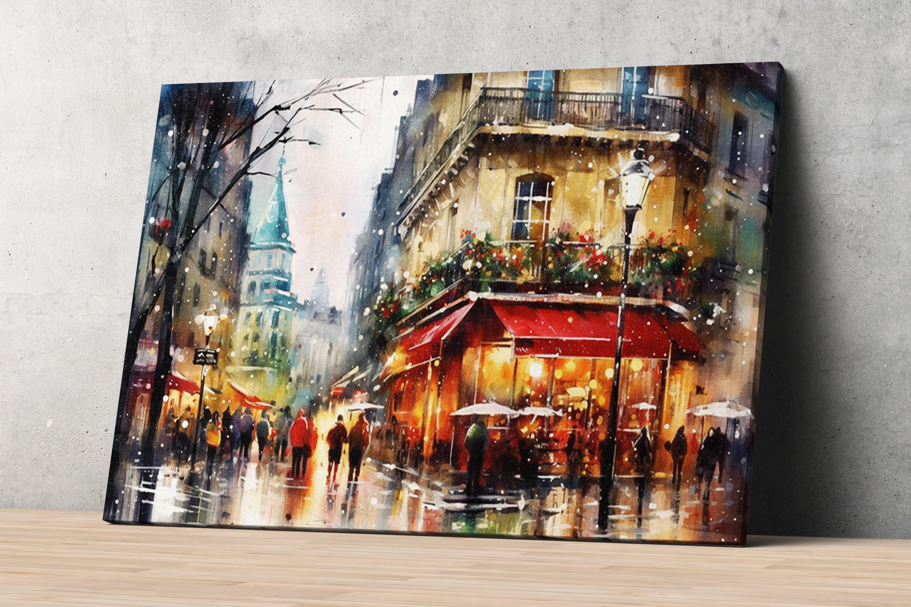 Christmas Watercolor Cityscape - Paris Holiday Wall Art, Print on Canvas, Artist Paper, Watercolor Paper, Available in Extra Large Sizes