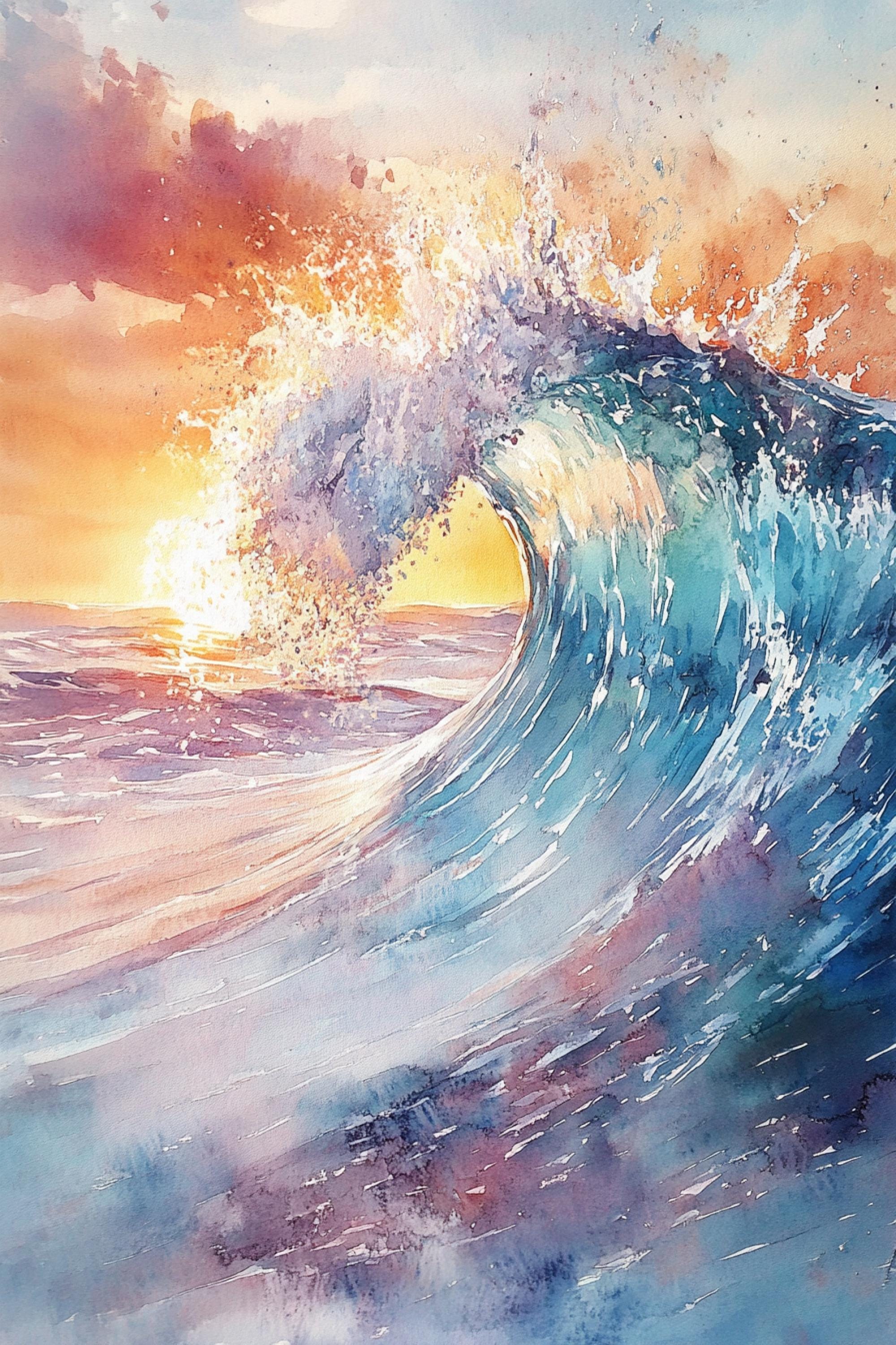 a large, powerful wave crashing against the shore, with the sun setting in the background, creating a dramatic and vibrant scene.