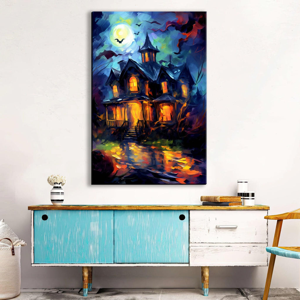 Halloween Haunted House Art – Large Canvas Wall Art | Spooky Home Decor, Gallery Wrapped