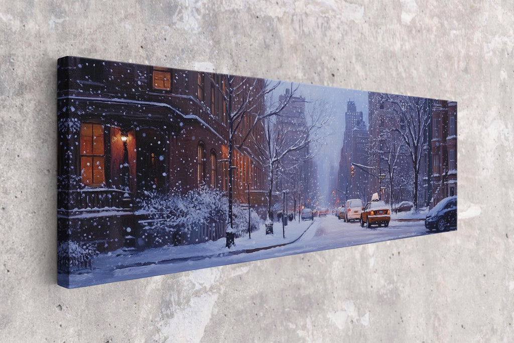 a picture of a snowy city street with a taxi cab