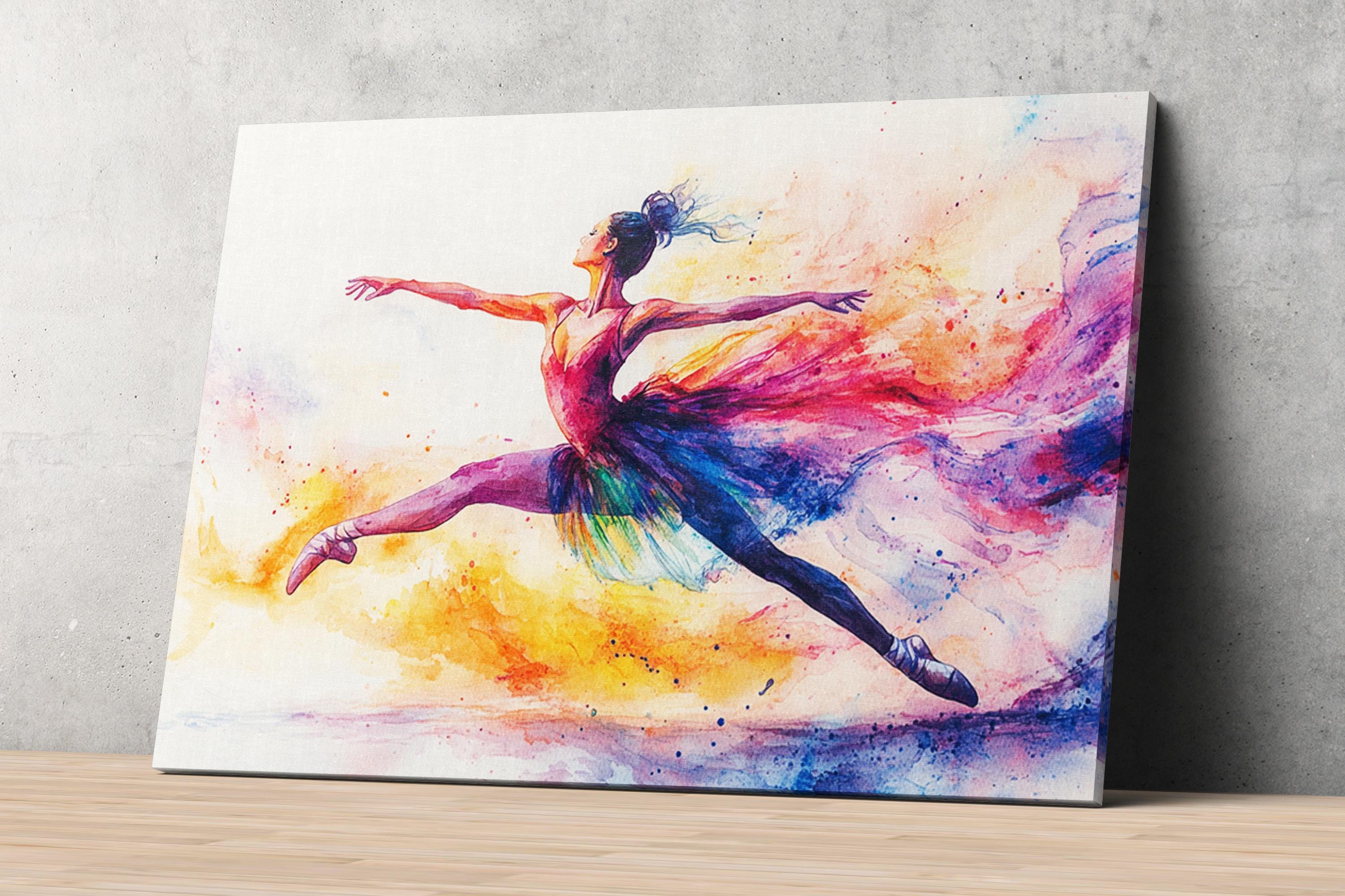 A vibrant watercolor painting depicting a female ballet dancer in mid-jump, with a colorful and dynamic background.