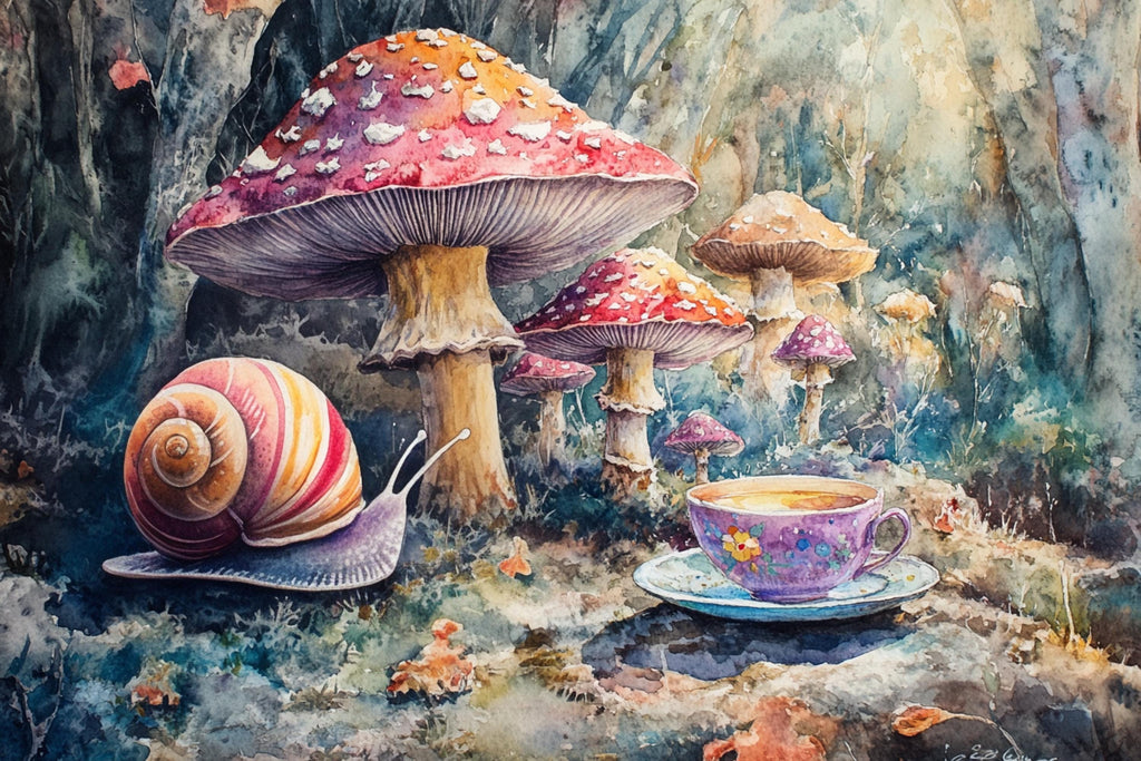 A snail rests on a mushroom in a whimsical forest scene, with a cup of tea nearby.