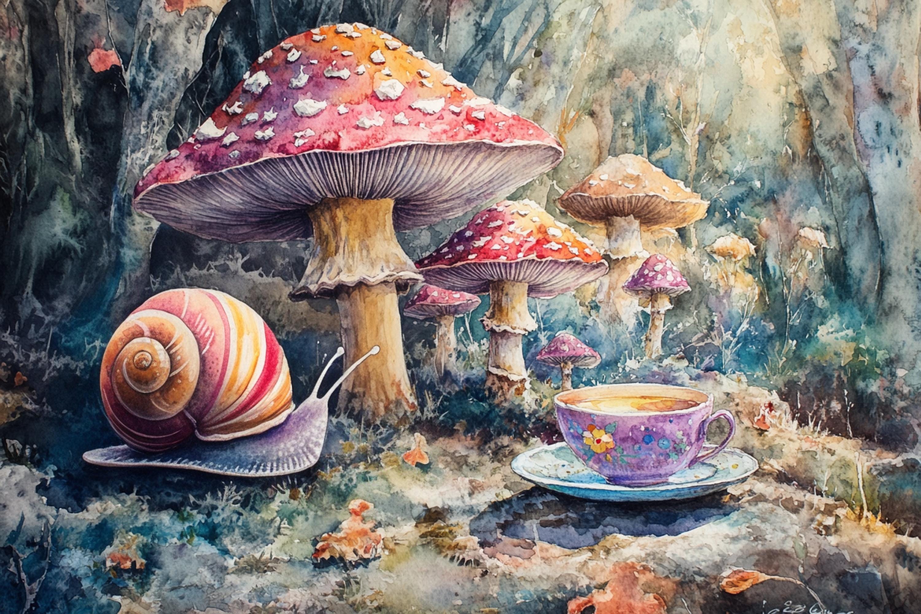 A snail rests on a mushroom in a whimsical forest scene, with a cup of tea nearby.