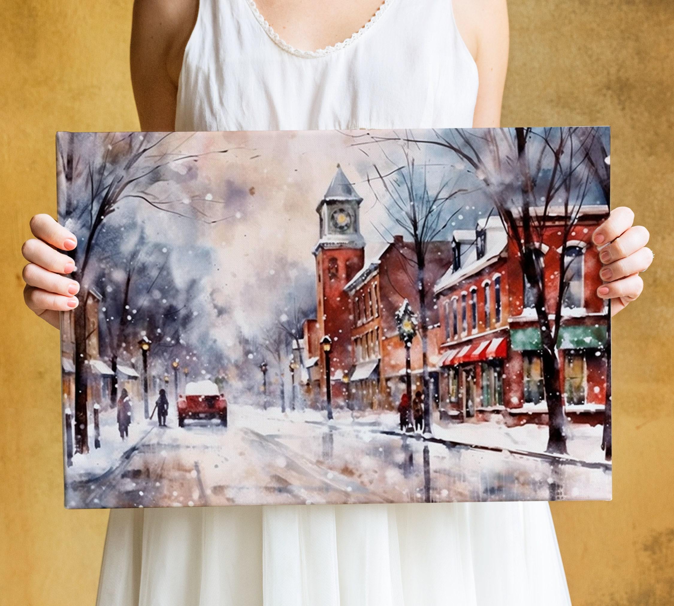 Charming Holiday Town Watercolor - Rustic Christmas Decor, Print on Canvas, Artist Paper, Watercolor Paper, Available in Extra Large Sizes