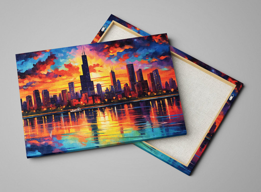 Chicago Skyline Canvas – Vibrant Cityscape Wall Art with Large Night Skyline Art