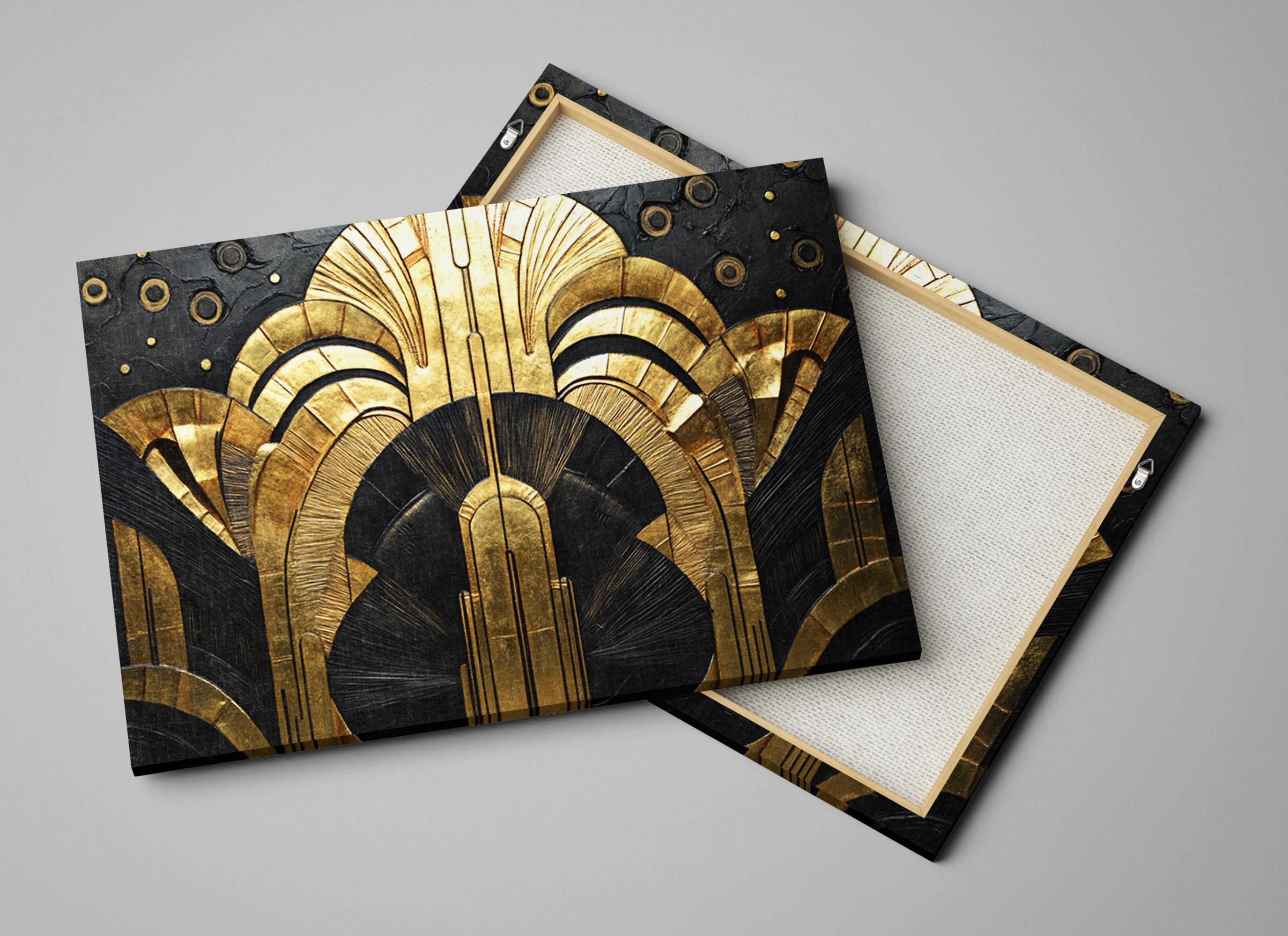 a pair of black and gold coasters sitting on top of each other