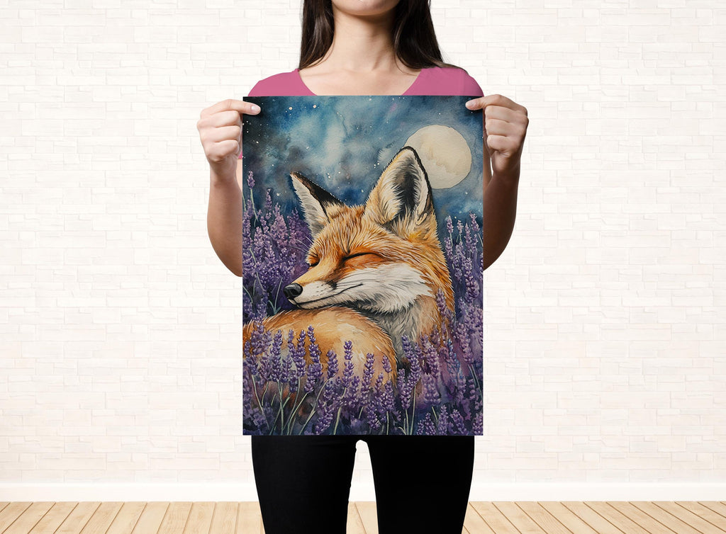 A woman holds up a framed painting of a fox in a field of purple flowers, with a full moon in the background.