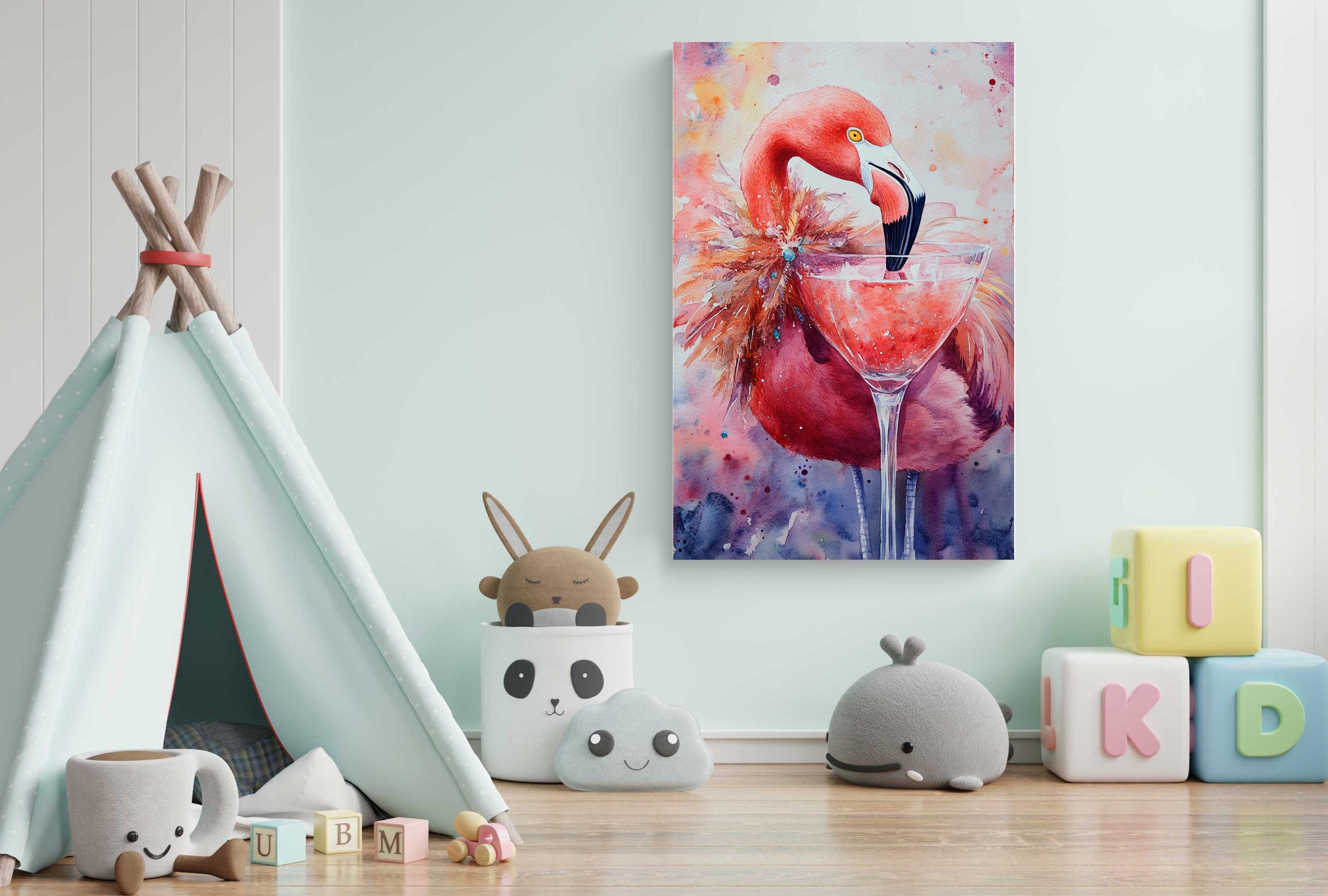 a colorful and whimsical children's room with a tiki tent, stuffed animals, and a painting of a flamingo with a drink in its beak.