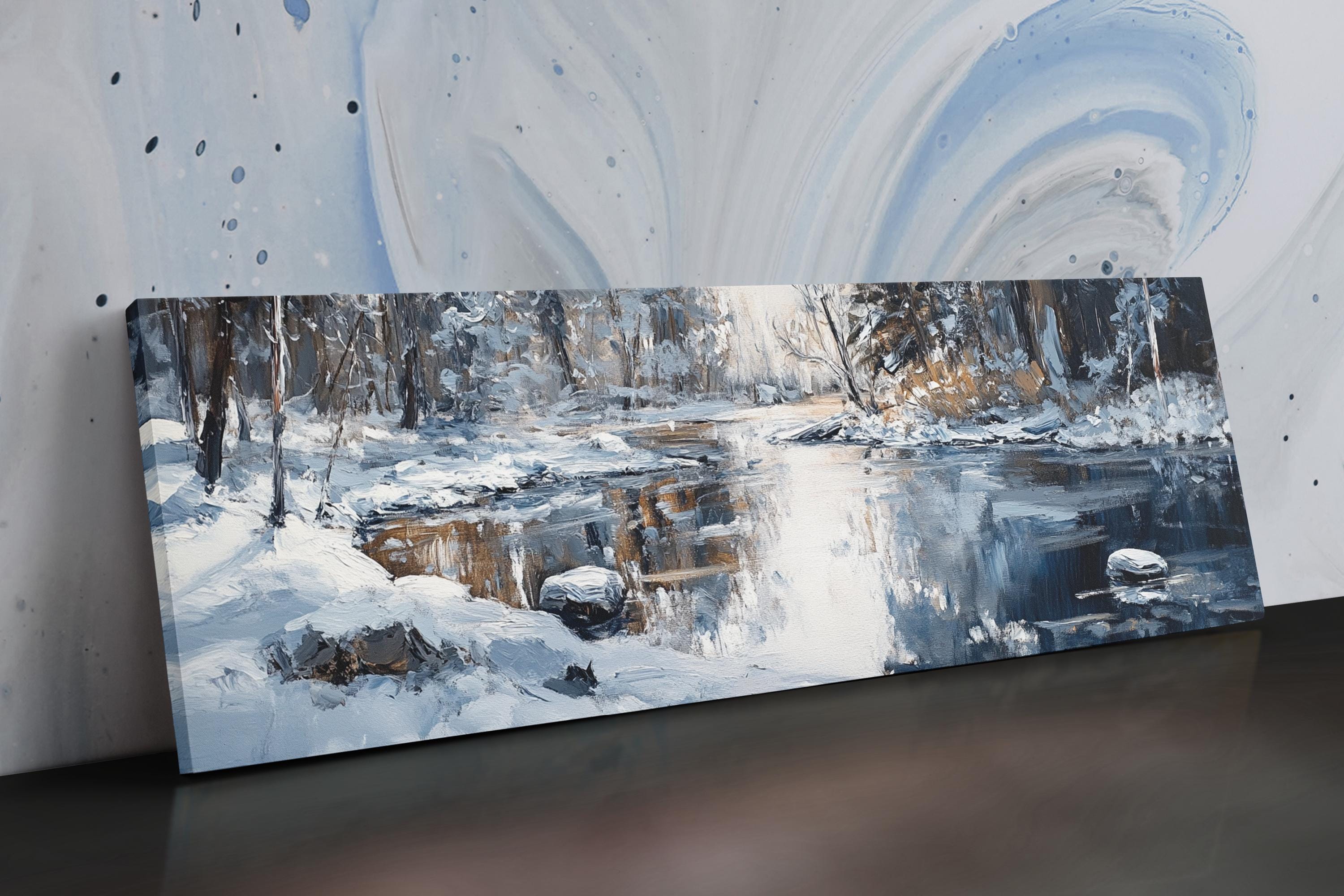 a painting of a winter scene on a wall