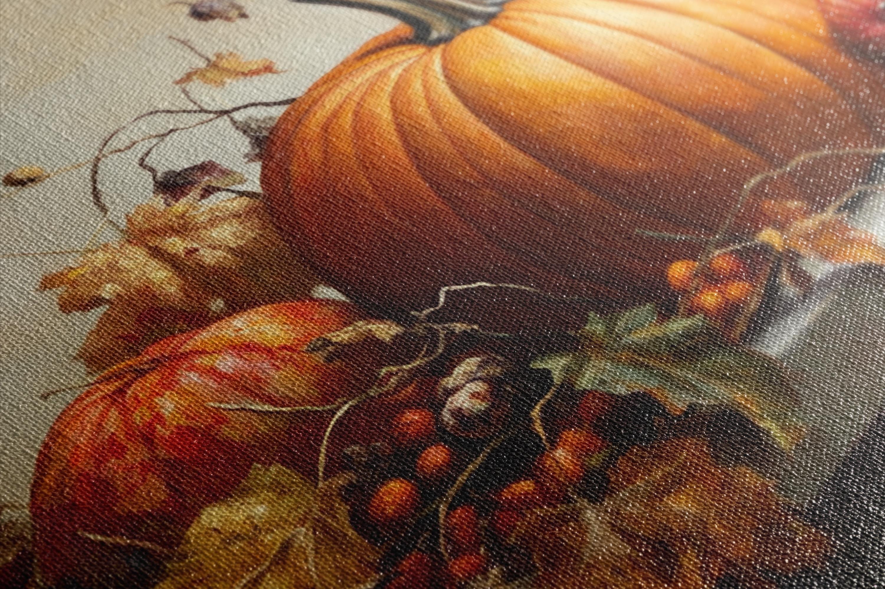 a close-up of a pumpkin and other fall-themed items, such as leaves and berries, arranged on a surface.