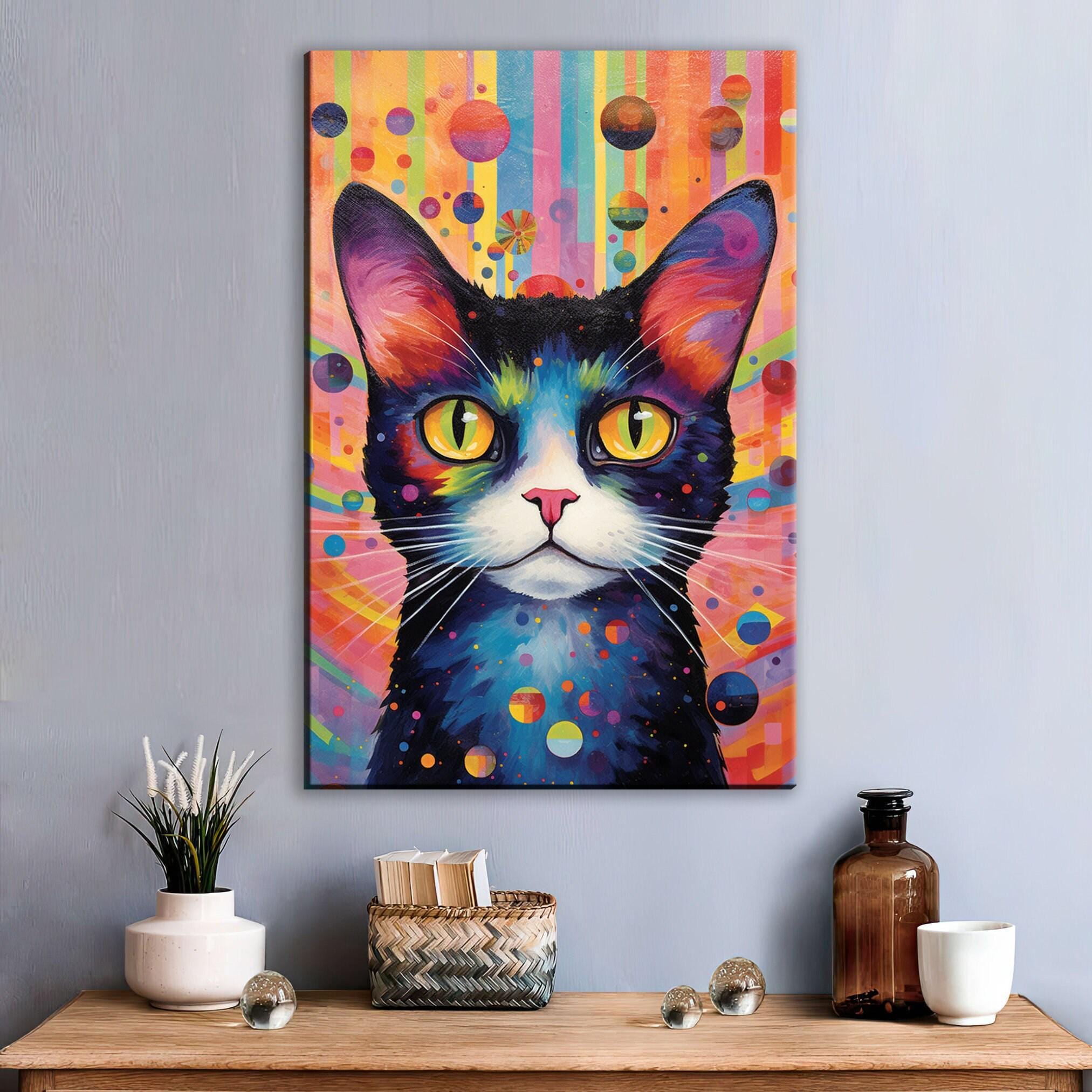 Cat Canvas Wall Art – Large Whimsical Kitten Painting | Colorful Cat Artwork