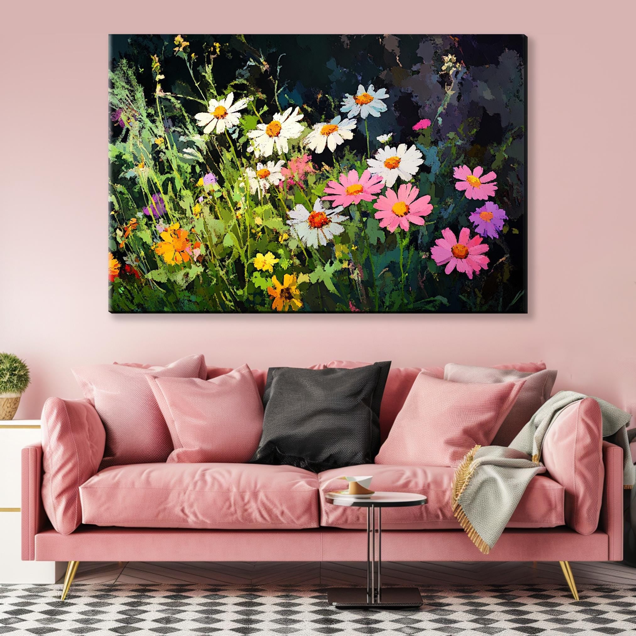 a living room with a pink couch and a painting on the wall