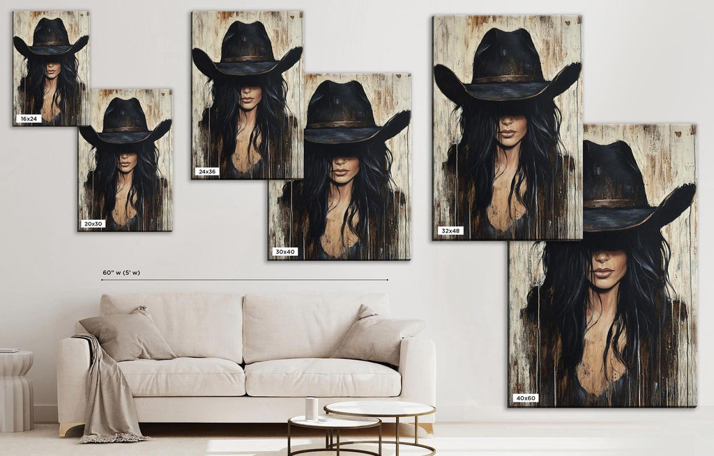 a living room with a couch and a painting of a woman wearing a cowboy hat