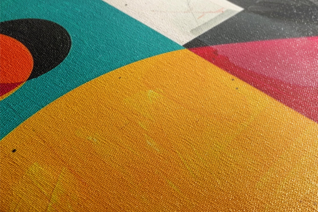 a close up of an abstract painting with a red, yellow, blue, and