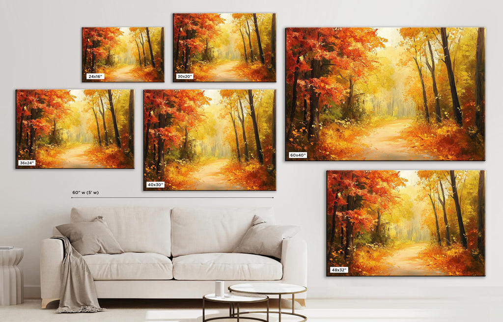 The image is a collage of six paintings depicting a scenic autumn forest path. The paintings are arranged on a wall, with a white couch in the foreground.