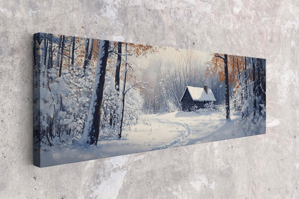 a painting of a cabin in a snowy forest