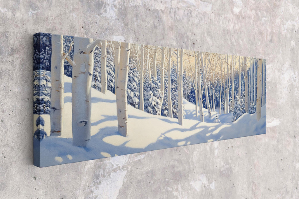 a painting of a snowy forest with trees