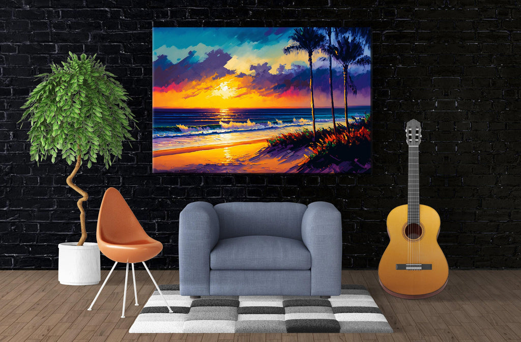 Coastal Beach Canvas - Large Canvas Art With Vibrant Ocean Sunset Painting