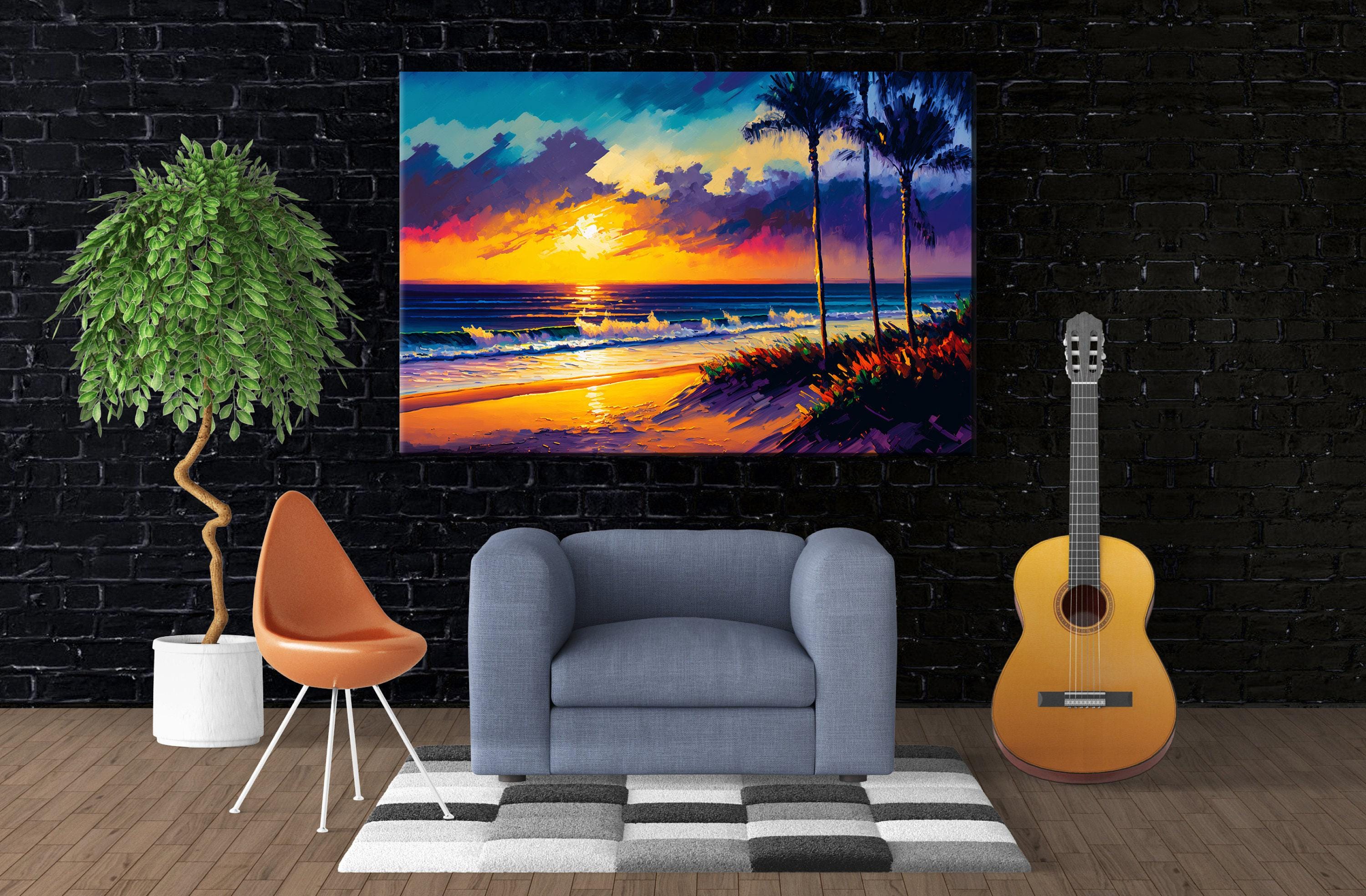Coastal Beach Canvas - Large Canvas Art With Vibrant Ocean Sunset Painting