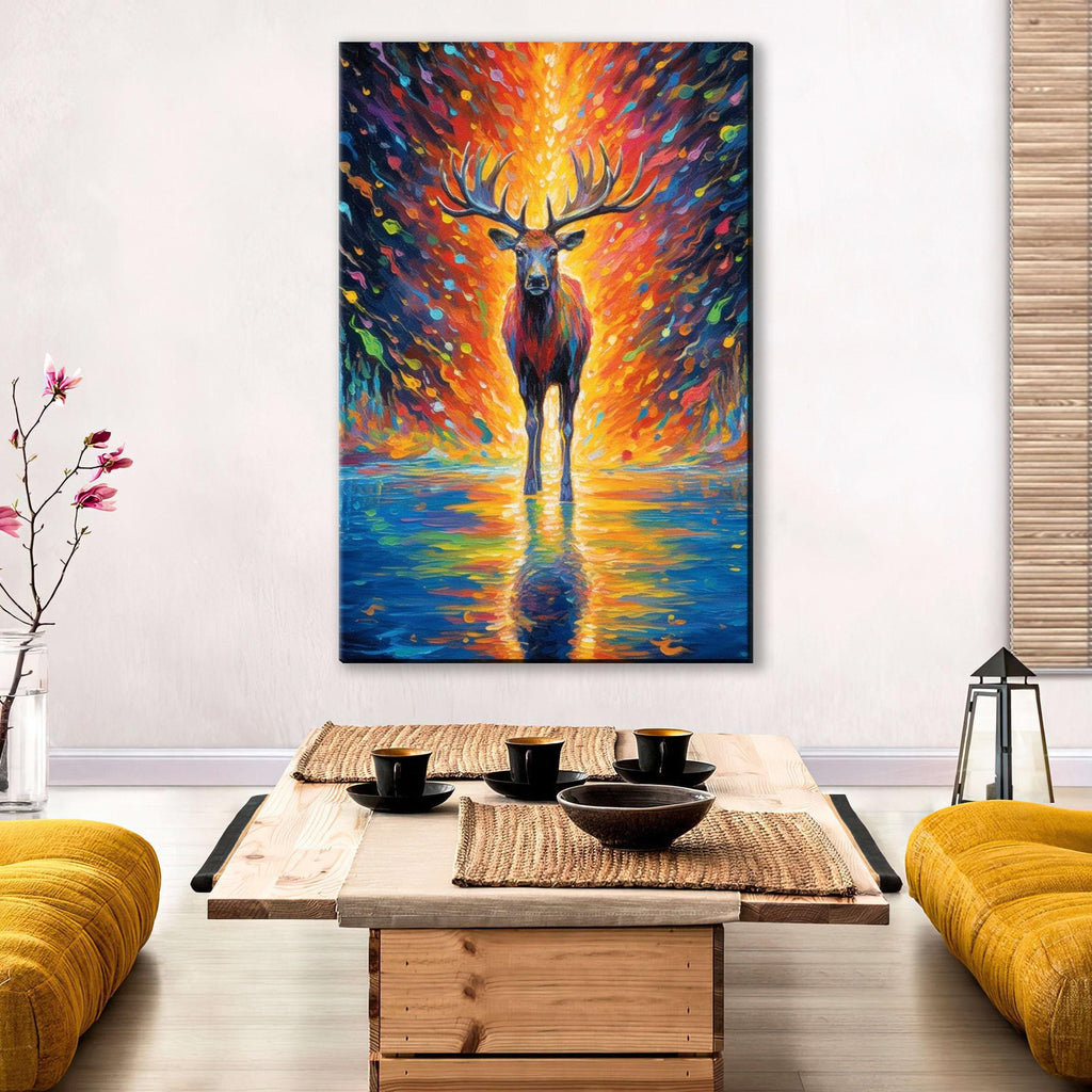 Colorful Reindeer Painting - Large Giclee Canvas Print | Holiday Wall Art