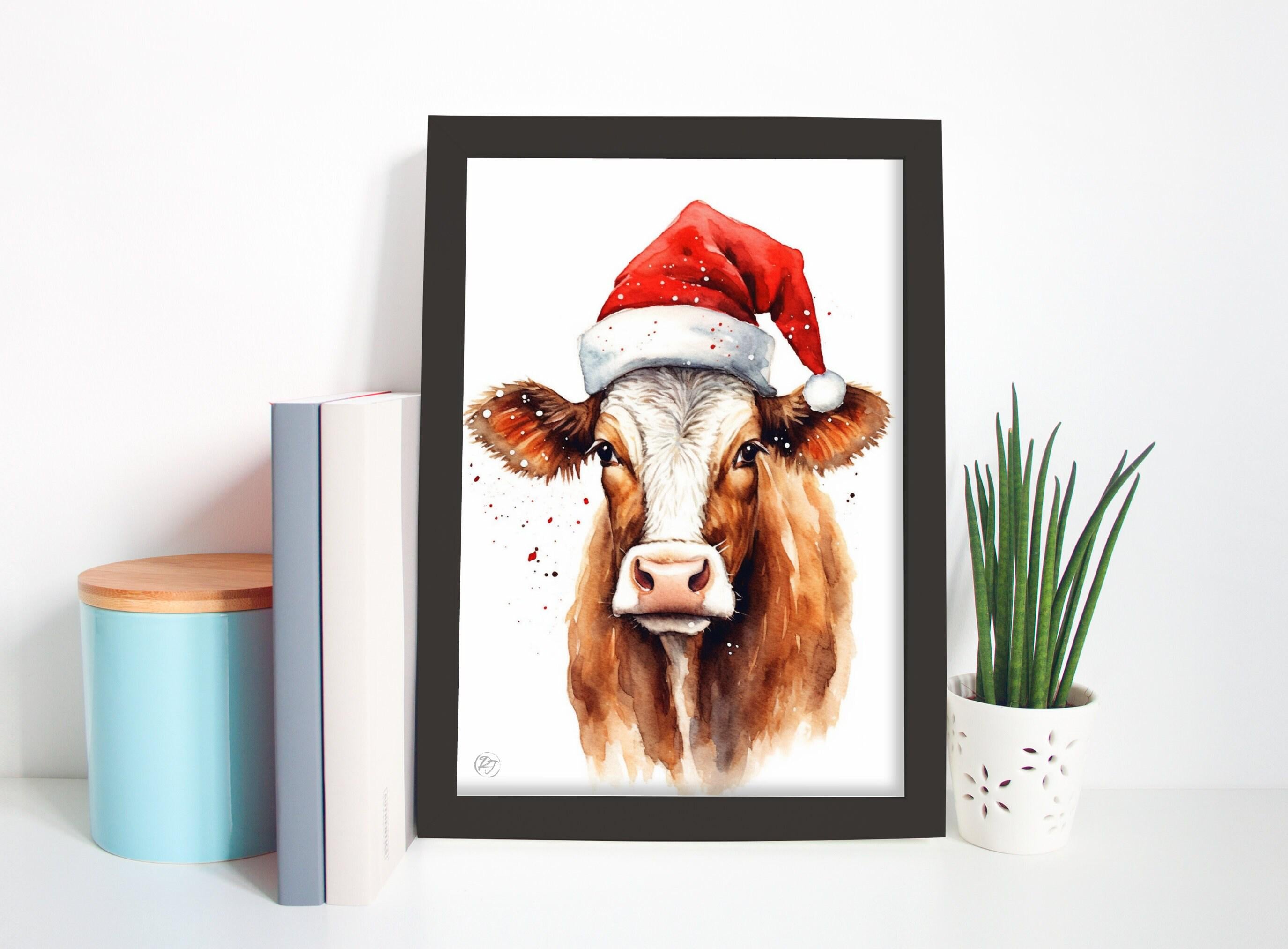 Christmas Cow Watercolor Holiday Wall Art, Giclee Print on Canvas, Artist Paper, Watercolor Paper, Available in Extra Large Sizes