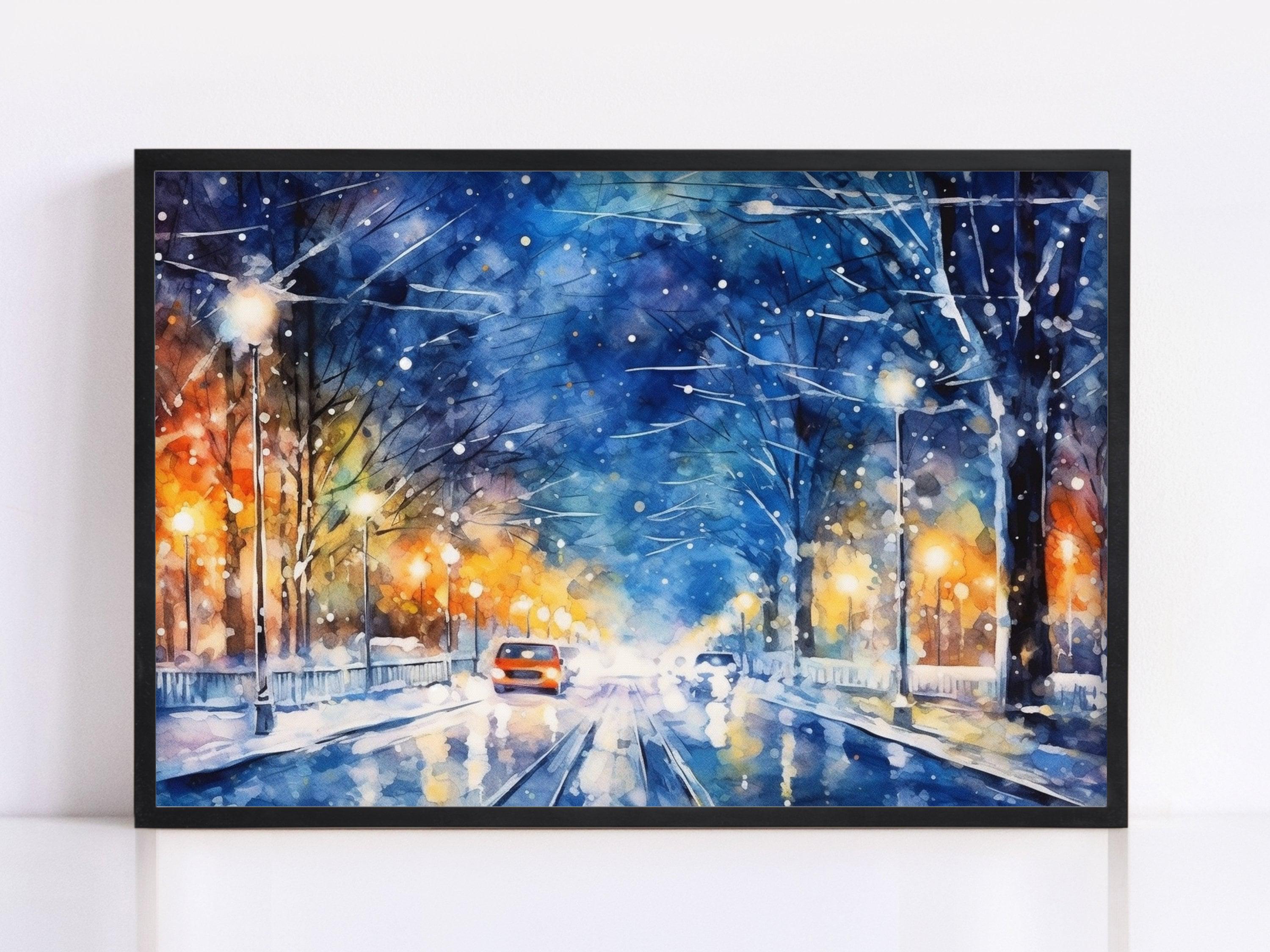 Enchanting Winter Scene Watercolor Wall Art, Giclee Print on Canvas, Artist Paper, Watercolor Paper, Available in Extra Large Sizes
