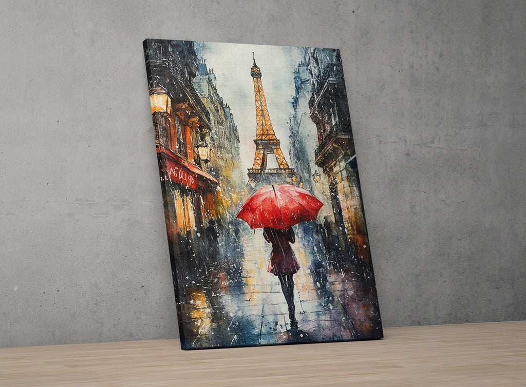 The image is a painting depicting a rainy day in Paris, with the Eiffel Tower visible in the background.