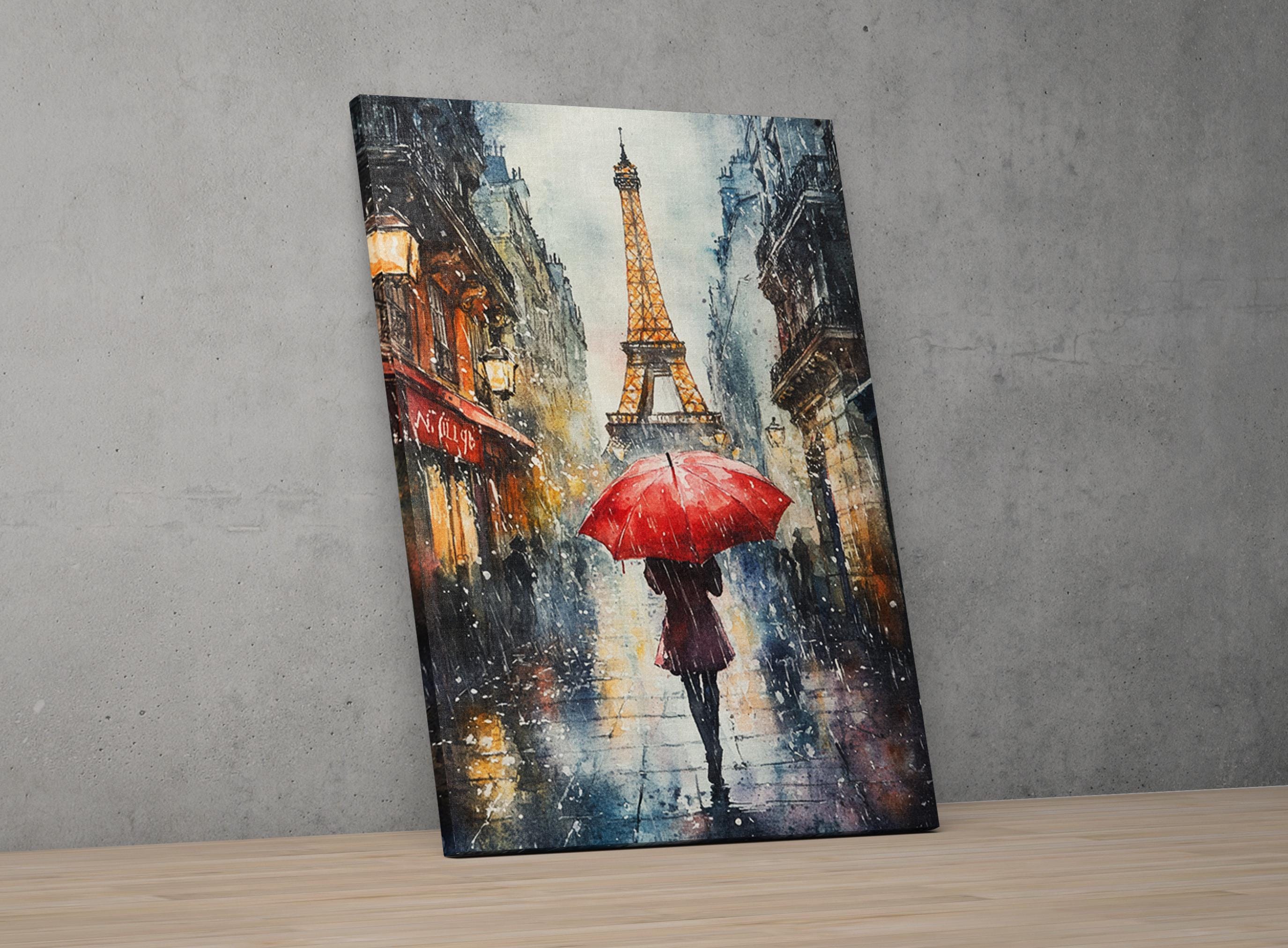 The image is a painting depicting a rainy day in Paris, with the Eiffel Tower visible in the background.