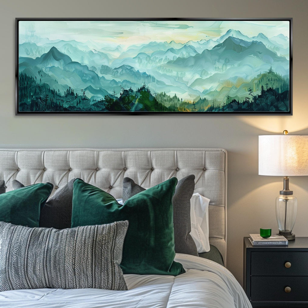 Panoramic Mountain Canvas - Large Wall Art | Framed Canvas Art, Green Blue Mountains
