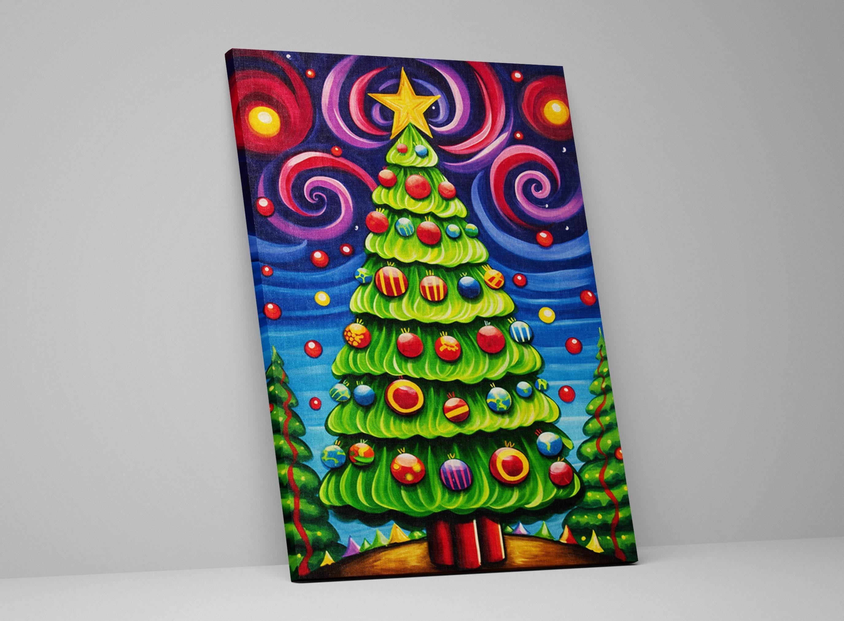 Christmas Canvas Art – Vibrant Color Burst Xmas Tree Painting on Gallery Wrapped Canvas