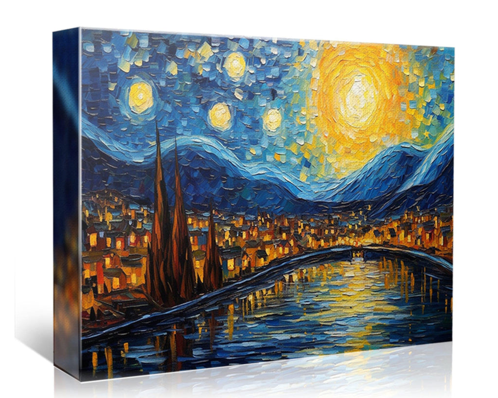 The image is a painting depicting a night cityscape with a river, mountains, and a bright sun in the sky.
