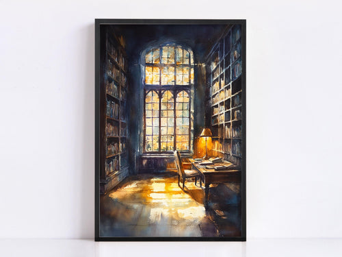 a serene and cozy library room with a large window, bookshelves filled with books, and a desk with a lamp, creating a warm and inviting atmosphere.