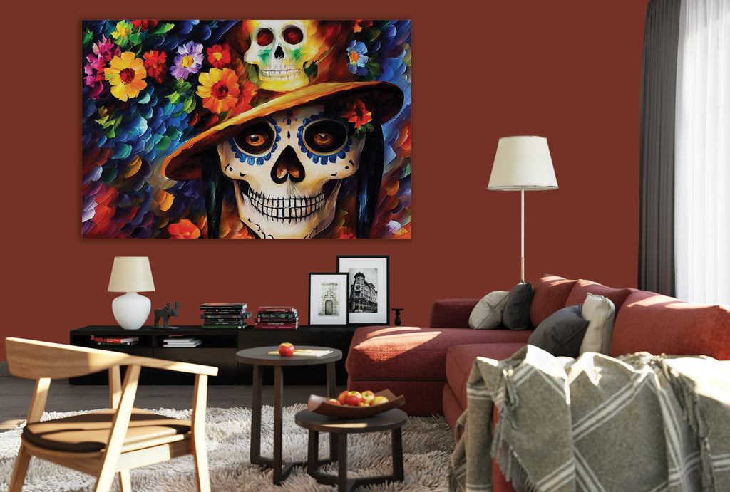 Dia De Los Muertos Canvas – Colorful Sugar Skull Painting on Gallery Ready Frame