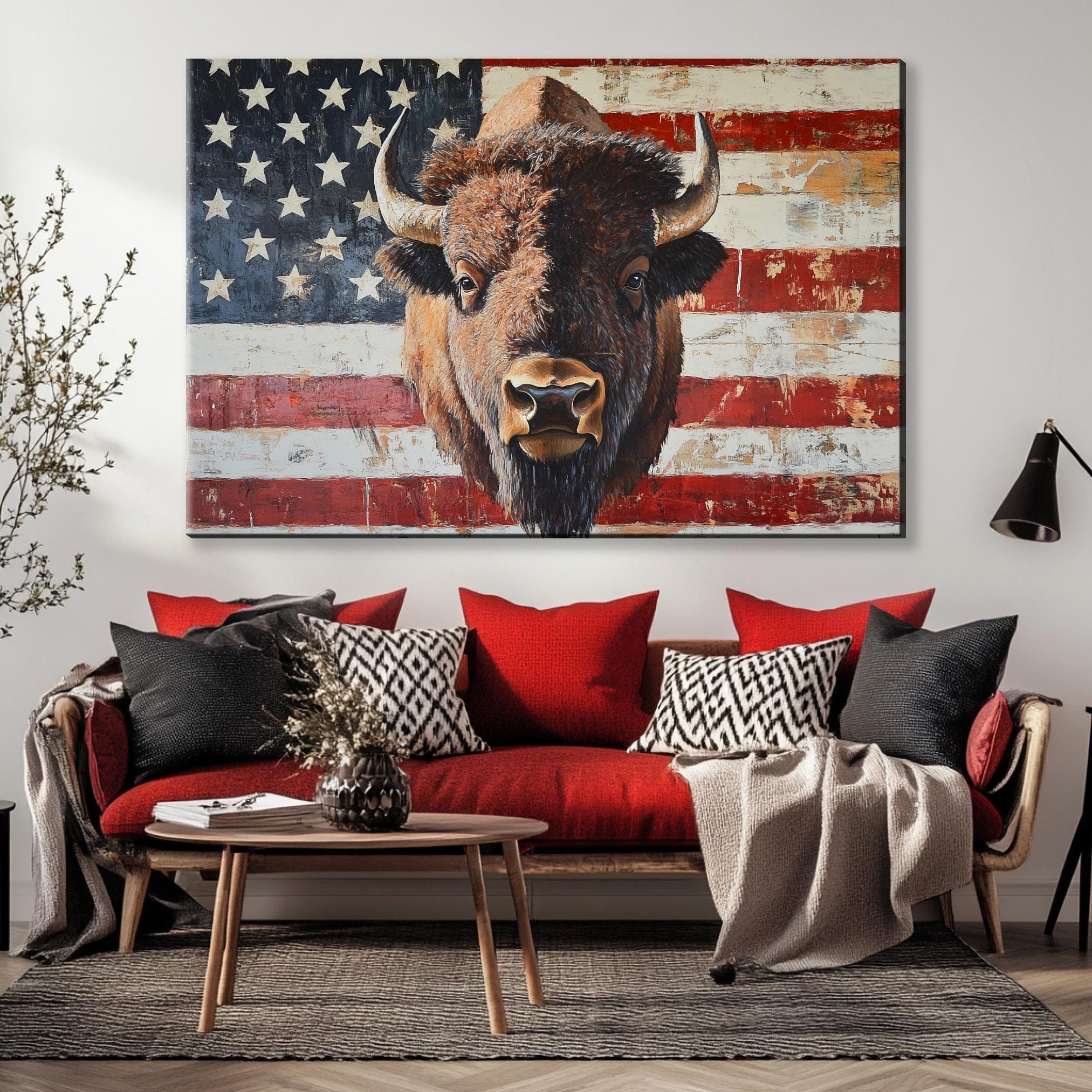 Patriotic Bison Canvas - Extra Large Framed Wall Art With American Flag