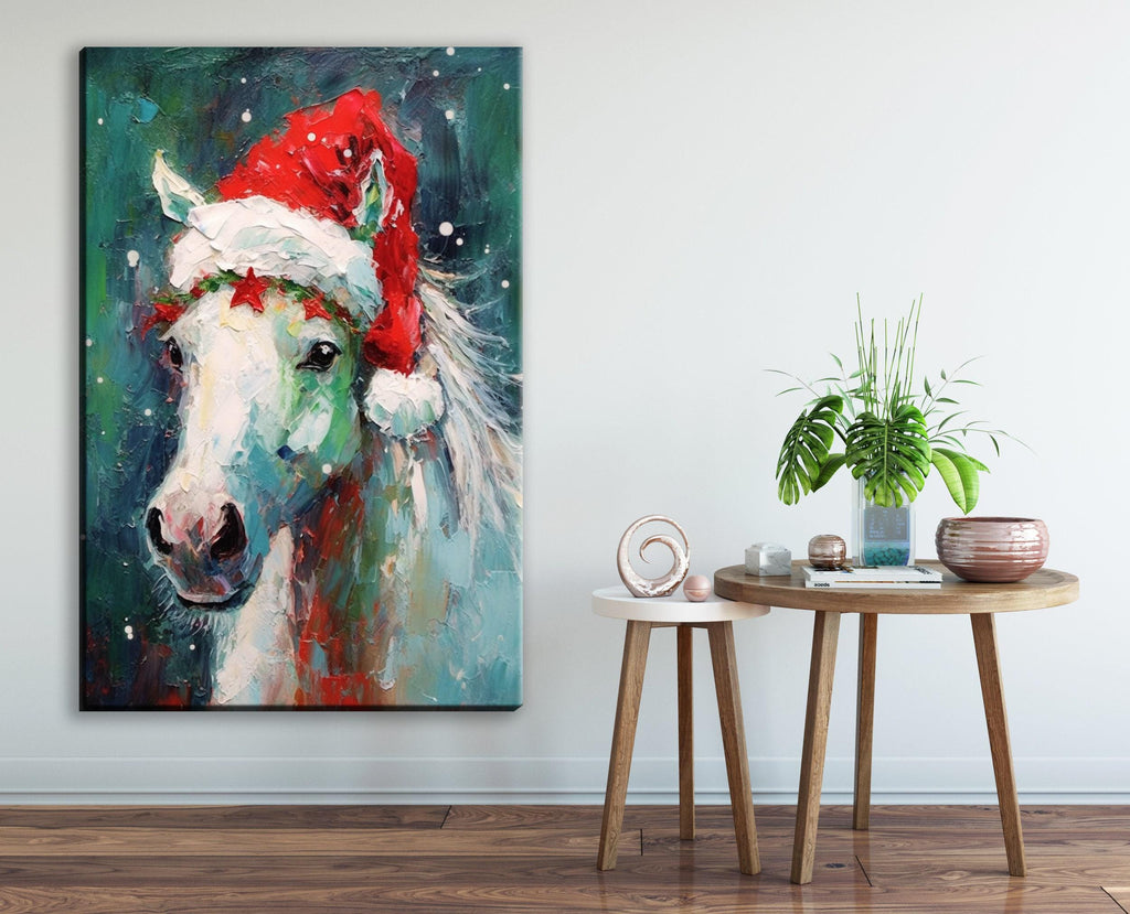 Horse Christmas Canvas - Festive Horse Painting on Gallery Wrapped Canvas for Holiday Home Decor