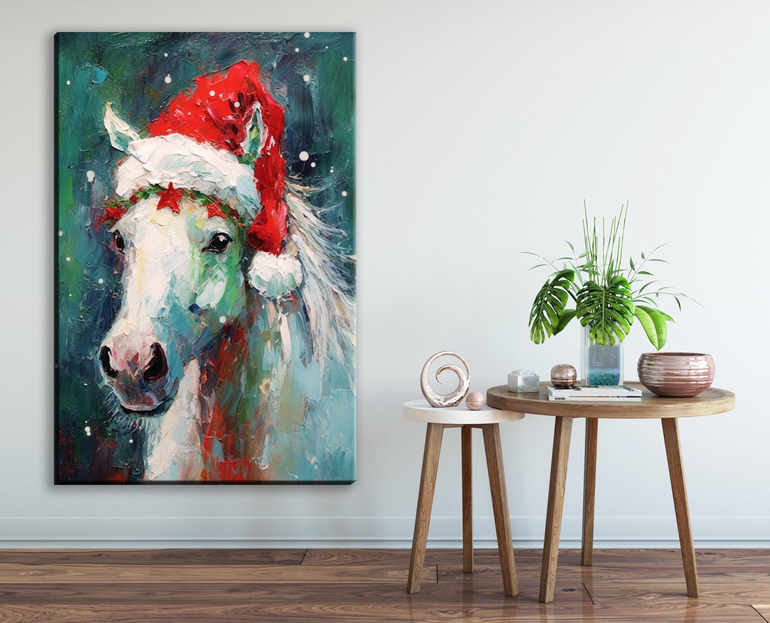 Horse Christmas Canvas - Festive Horse Painting on Gallery Wrapped Canvas for Holiday Home Decor
