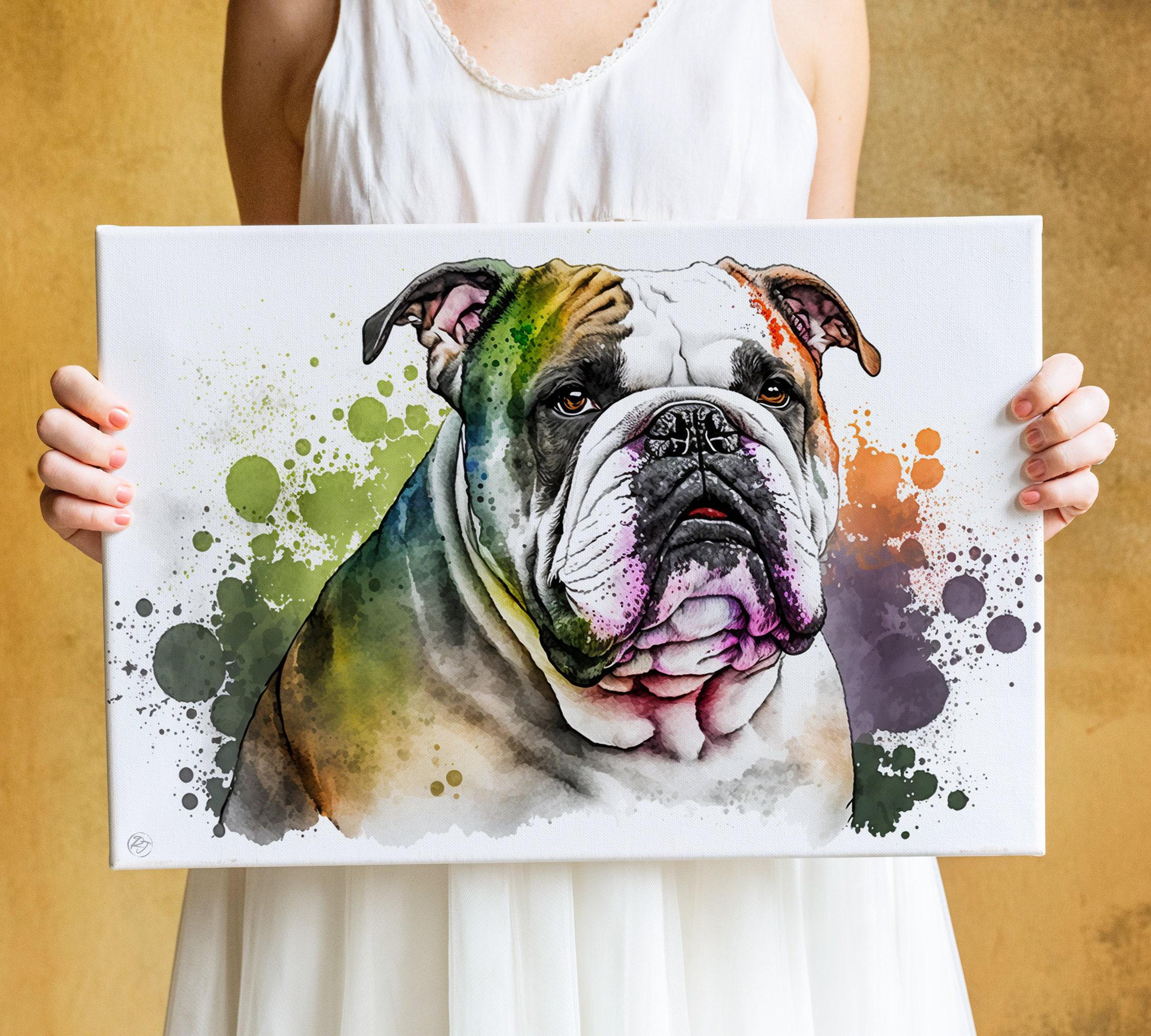 Charming Bulldog Portrait: Watercolor Wall Art Print, Giclee Print on Canvas, Artist Paper, Watercolor Paper, Available in Extra Large Sizes