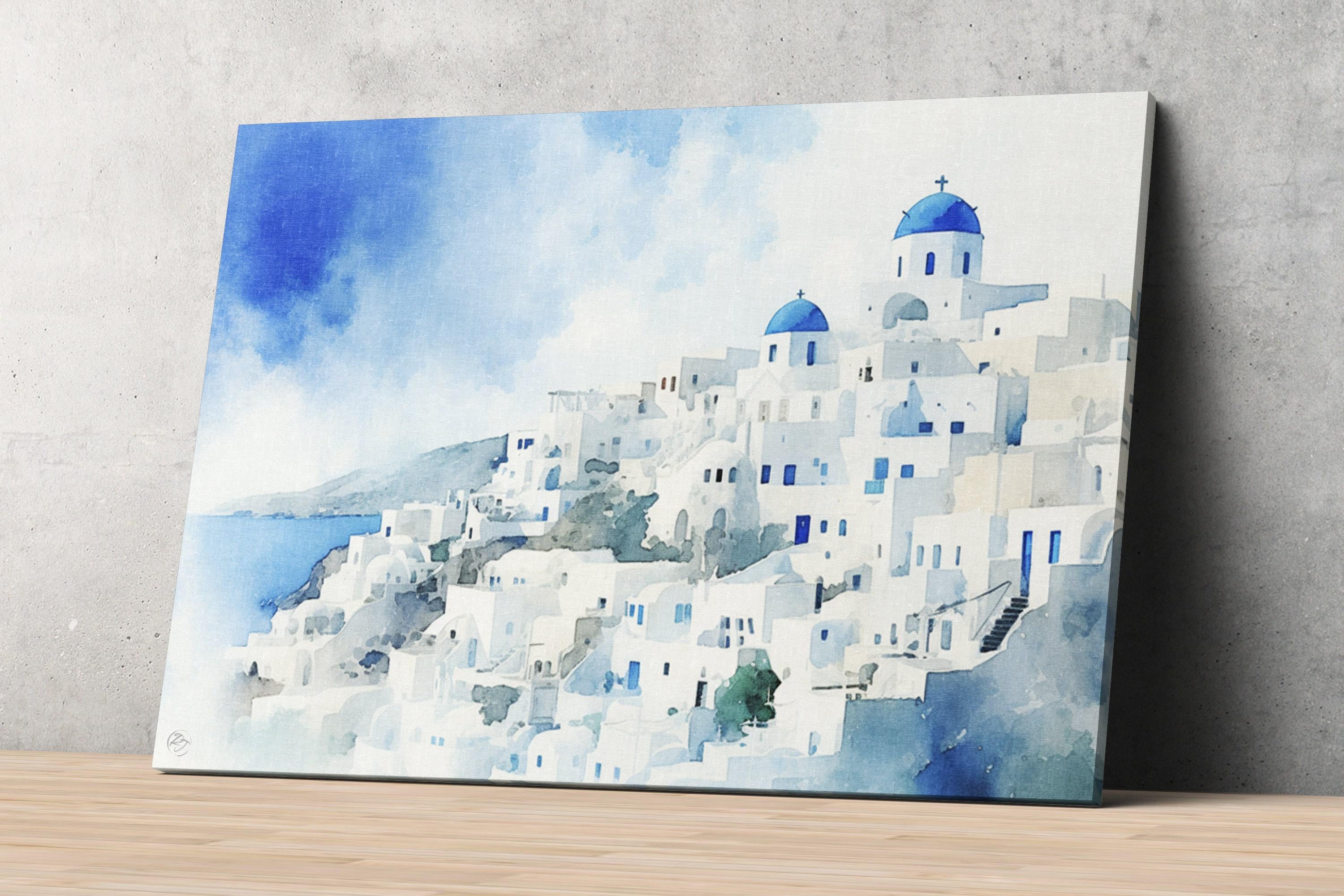 Aegean Bliss: Santorini Sunset Watercolor Wall Art, Giclee Print on Canvas, Artist Paper, Watercolor Paper, Available in Extra Large Sizes