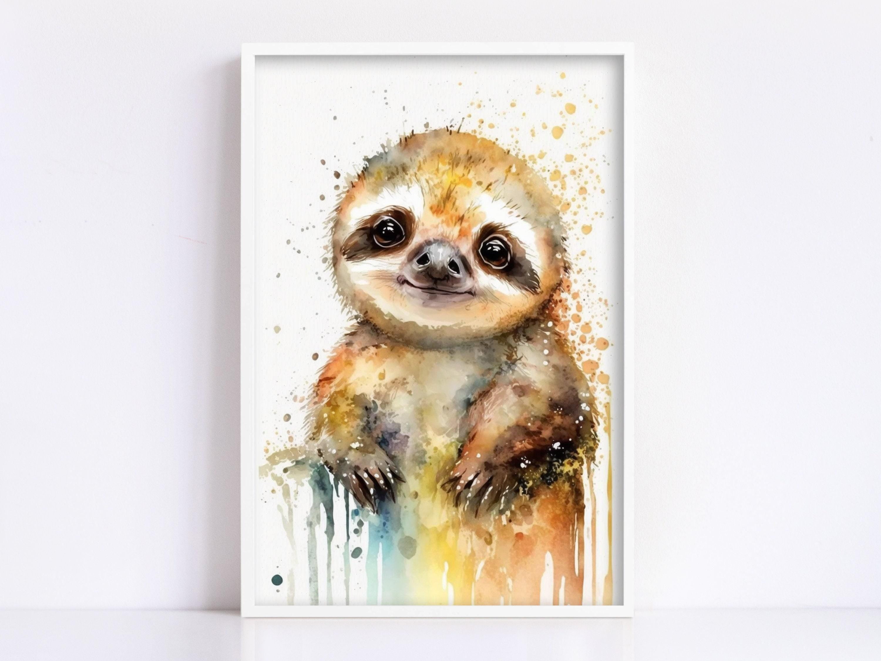 Wildlife Serenity: Sloth Watercolor Painting, Giclee Print on Canvas, Artist Paper, Watercolor Paper, Available in Extra Large Sizes