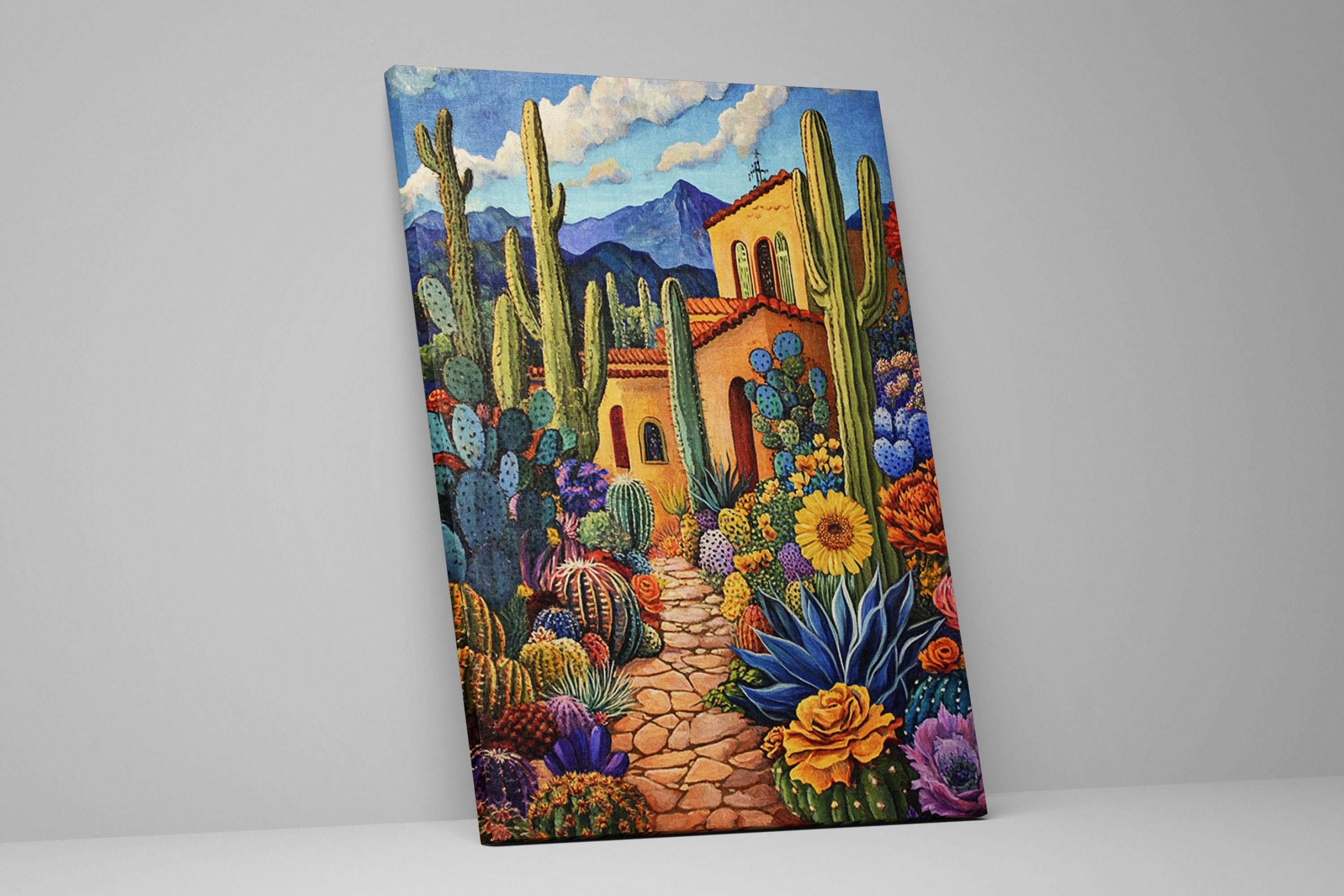 a painting of a cactus garden with a house in the background