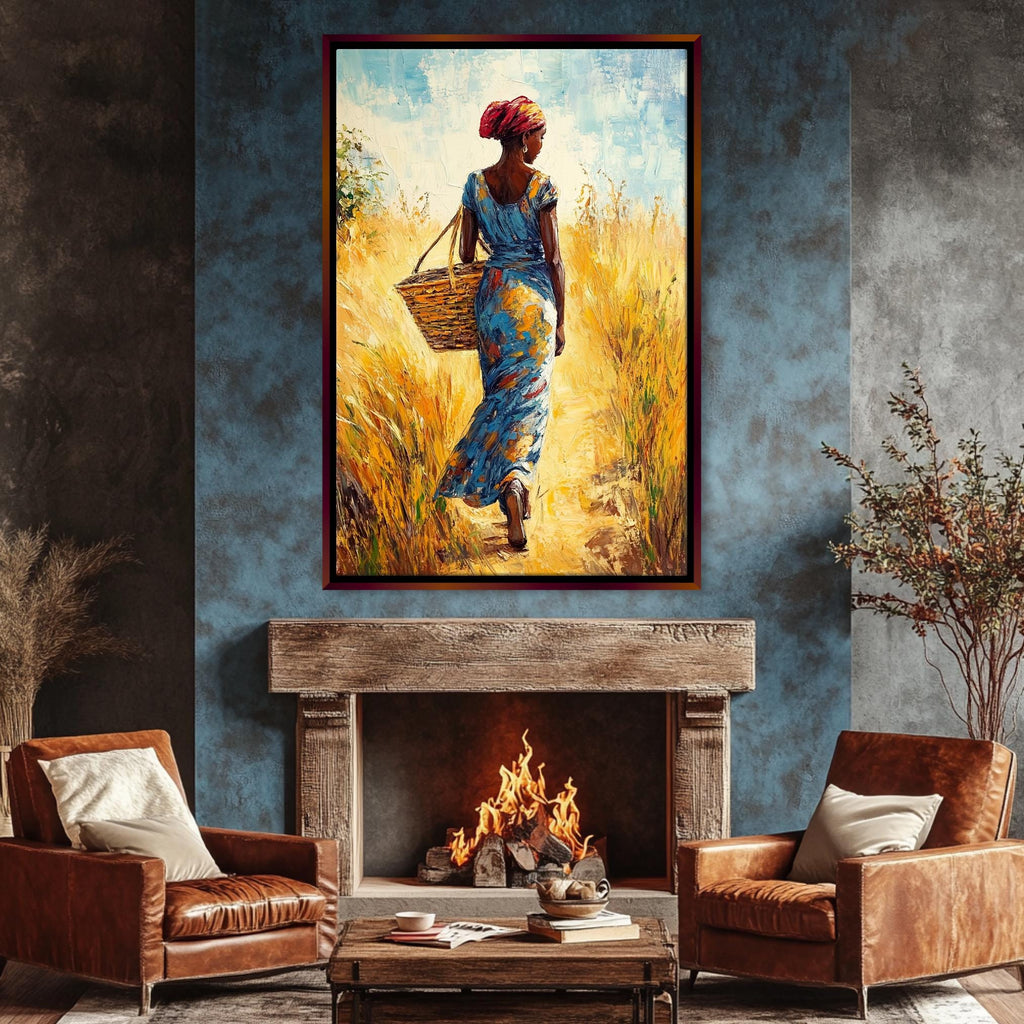 a painting of a woman carrying a basket in a living room